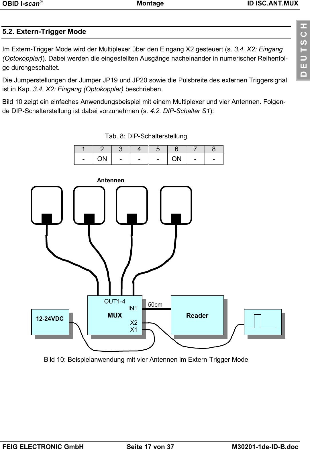 OBID i-scanMontage ID ISC.ANT.MUXFEIG ELECTRONIC GmbH Seite 17 von 37 M30201-1de-ID-B.docD E U T S C H5.2. Extern-Trigger ModeIm Extern-Trigger Mode wird der Multiplexer über den Eingang X2 gesteuert (s. 3.4. X2: Eingang(Optokoppler)). Dabei werden die eingestellten Ausgänge nacheinander in numerischer Reihenfol-ge durchgeschaltet.Die Jumperstellungen der Jumper JP19 und JP20 sowie die Pulsbreite des externen Triggersignalist in Kap. 3.4. X2: Eingang (Optokoppler) beschrieben.Bild 10 zeigt ein einfaches Anwendungsbeispiel mit einem Multiplexer und vier Antennen. Folgen-de DIP-Schalterstellung ist dabei vorzunehmen (s. 4.2. DIP-Schalter S1):Tab. 8: DIP-Schalterstellung12345678-ON---ON--Bild 10: Beispielanwendung mit vier Antennen im Extern-Trigger ModeReaderOUT1-4IN1MUXX2X150cmAntennen12-24VDC