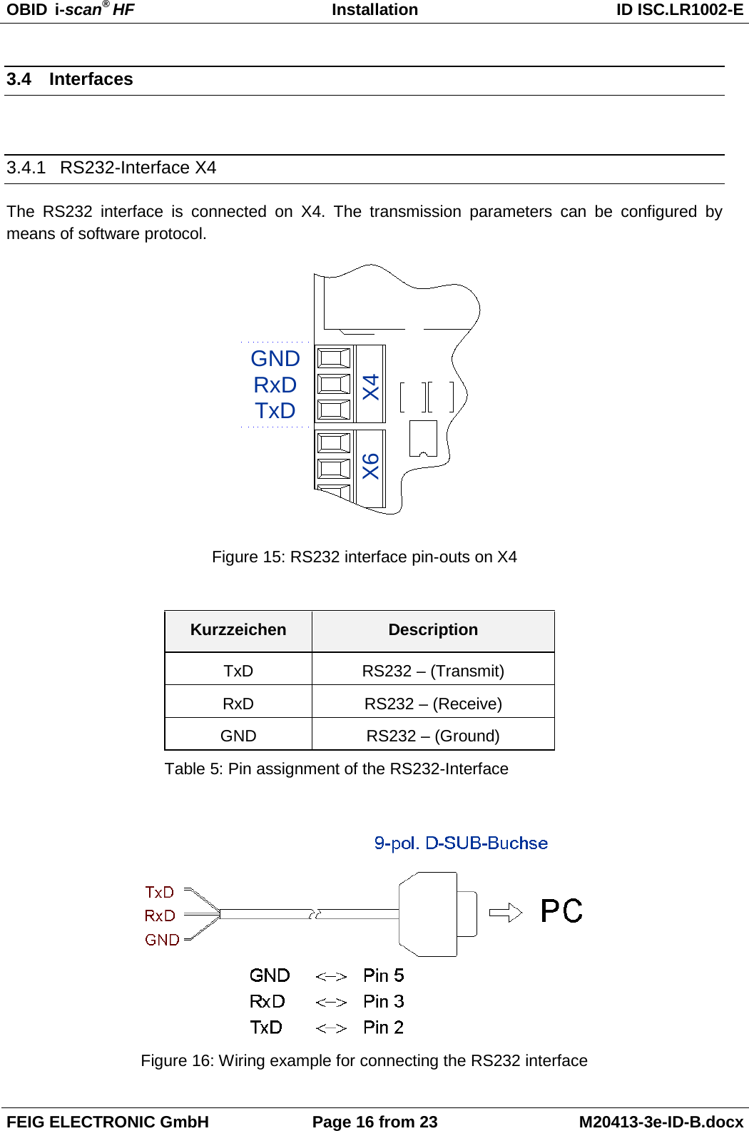 OBID  i-scan® HF Installation ID ISC.LR1002-E  FEIG ELECTRONIC GmbH Page 16 from 23 M20413-3e-ID-B.docx  3.4 Interfaces  3.4.1 RS232-Interface X4 The RS232 interface is connected on X4. The transmission parameters can be configured by means of software protocol. TxDRxDGNDX4X6 Figure 15: RS232 interface pin-outs on X4  Kurzzeichen Description TxD RS232 – (Transmit) RxD RS232 – (Receive) GND RS232 – (Ground) Table 5: Pin assignment of the RS232-Interface   Figure 16: Wiring example for connecting the RS232 interface 