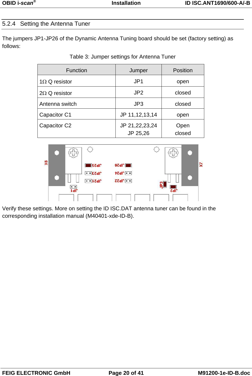 OBID i-scan®  Installation ID ISC.ANT1690/600-A/-B FEIG ELECTRONIC GmbH  Page 20 of 41  M91200-1e-ID-B.doc 5.2.4  Setting the Antenna Tuner The jumpers JP1-JP26 of the Dynamic Antenna Tuning board should be set (factory setting) as follows: Table 3: Jumper settings for Antenna Tuner Function  Jumper  Position 1Ω Q resistor  JP1 open 2Ω Q resistor  JP2 closed Antenna switch  JP3  closed Capacitor C1  JP 11,12,13,14  open Capacitor C2  JP 21,22,23,24JP 25,26 Open closed  Verify these settings. More on setting the ID ISC.DAT antenna tuner can be found in the corresponding installation manual (M40401-xde-ID-B). 