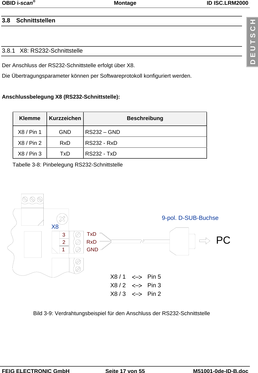 OBID i-scan®Montage ID ISC.LRM2000FEIG ELECTRONIC GmbH Seite 17 von 55 M51001-0de-ID-B.docD E U T S C H3.8  Schnittstellen3.8.1  X8: RS232-SchnittstelleDer Anschluss der RS232-Schnittstelle erfolgt über X8.Die Übertragungsparameter können per Softwareprotokoll konfiguriert werden.Anschlussbelegung X8 (RS232-Schnittstelle):Klemme Kurzzeichen BeschreibungX8 / Pin 1 GND RS232 – GND X8 / Pin 2 RxD RS232 - RxD X8 / Pin 3 TxD RS232 - TxD Tabelle 3-8: Pinbelegung RS232-SchnittstelleBild 3-9: Verdrahtungsbeispiel für den Anschluss der RS232-SchnittstellePC&lt;−&gt;&lt;−&gt;&lt;−&gt;X8 / 3 Pin 2X8 / 2 Pin 3X8 / 1 Pin 59-pol. D-SUB-BuchseX8TxDRxDGND321