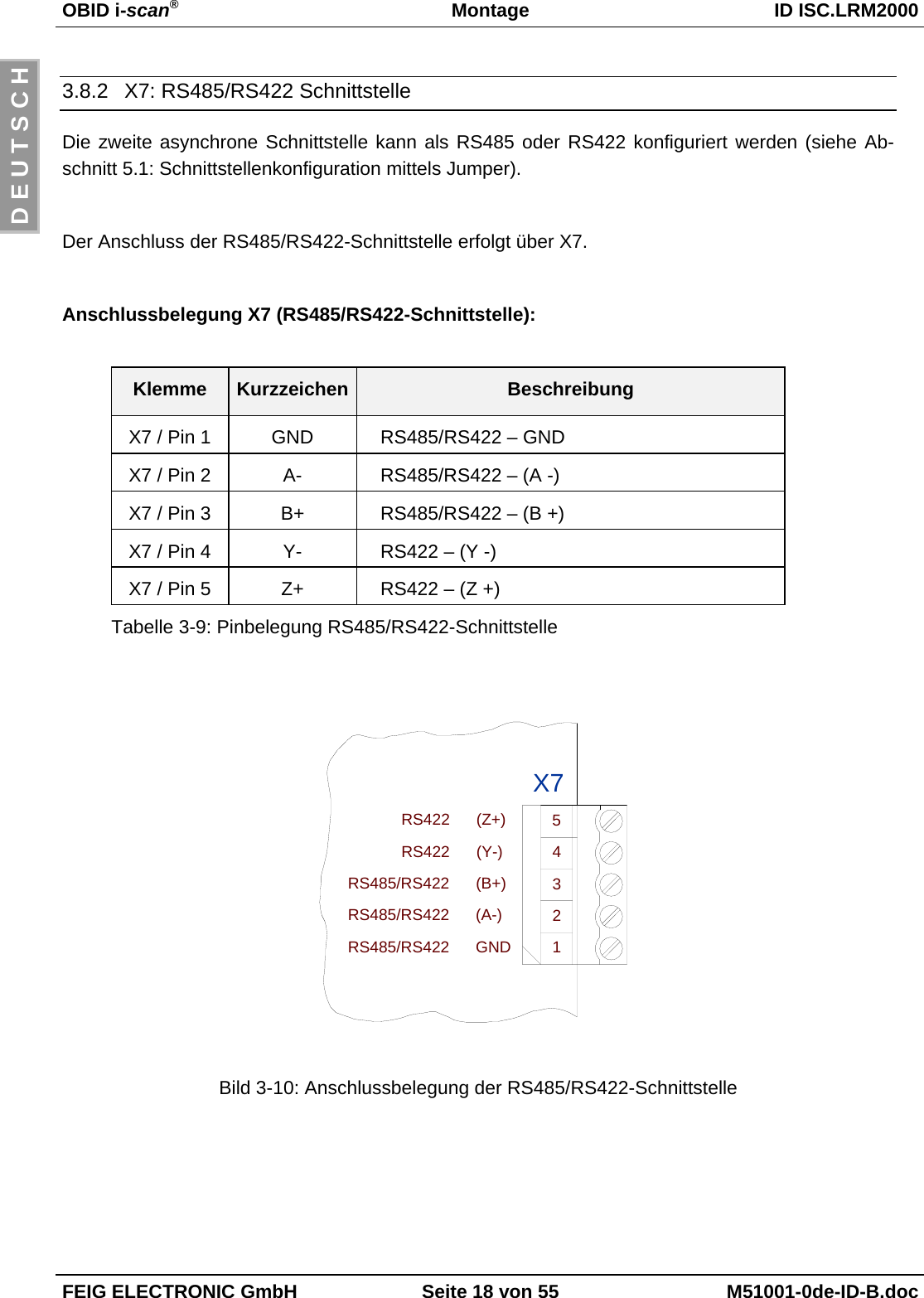 OBID i-scan®Montage ID ISC.LRM2000FEIG ELECTRONIC GmbH Seite 18 von 55 M51001-0de-ID-B.docD E U T S C H3.8.2  X7: RS485/RS422 SchnittstelleDie zweite asynchrone Schnittstelle kann als RS485 oder RS422 konfiguriert werden (siehe Ab-schnitt 5.1: Schnittstellenkonfiguration mittels Jumper). Der Anschluss der RS485/RS422-Schnittstelle erfolgt über X7.Anschlussbelegung X7 (RS485/RS422-Schnittstelle):Klemme Kurzzeichen BeschreibungX7 / Pin 1 GND RS485/RS422 – GNDX7 / Pin 2 A- RS485/RS422 – (A -)X7 / Pin 3 B+ RS485/RS422 – (B +)X7 / Pin 4 Y- RS422 – (Y -)X7 / Pin 5 Z+ RS422 – (Z +)Tabelle 3-9: Pinbelegung RS485/RS422-SchnittstelleBild 3-10: Anschlussbelegung der RS485/RS422-SchnittstelleRS422      (Z+)RS422      (Y-)5RS485/RS422      (A-)RS485/RS422      GNDRS485/RS422      (B+)1243X7