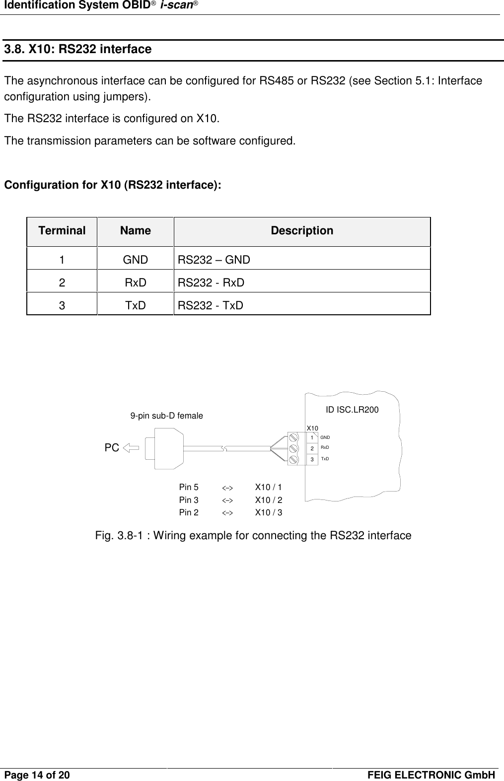 Identification System OBID i-scanPage 14 of 20 FEIG ELECTRONIC GmbH3.8. X10: RS232 interfaceThe asynchronous interface can be configured for RS485 or RS232 (see Section 5.1: Interfaceconfiguration using jumpers).The RS232 interface is configured on X10.The transmission parameters can be software configured.Configuration for X10 (RS232 interface):Terminal Name Description1GNDRS232 – GND2 RxD RS232 - RxD3 TxD RS232 - TxDX10123GNDRxDTxDID ISC.LR2009-pin sub-D femalePin 5 X10 / 1Pin 3 X10 / 2Pin 2 X10 / 3&lt;−&gt;&lt;−&gt;&lt;−&gt;PCFig. 3.8-1 : Wiring example for connecting the RS232 interface