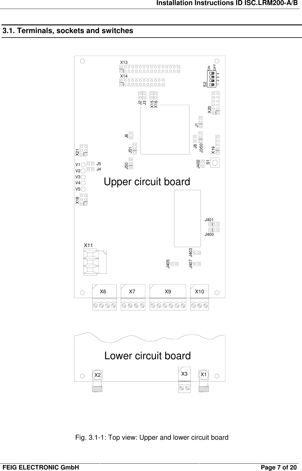 Installation Instructions ID ISC.LRM200-A/BFEIG ELECTRONIC GmbH Page 7 of 203.1. Terminals, sockets and switchesFig. 3.1-1: Top view: Upper and lower circuit boardX7 X9 X10X6J405J407 J403J400J8 J1X19J350X20J402J401S1X16X15J3J2X13X14J51 J6J50X21J5J4X18X11S2ONOFF1  2  3  4X3 X1X2Lower circuit boardUpper circuit boardV1V2V3V4V5