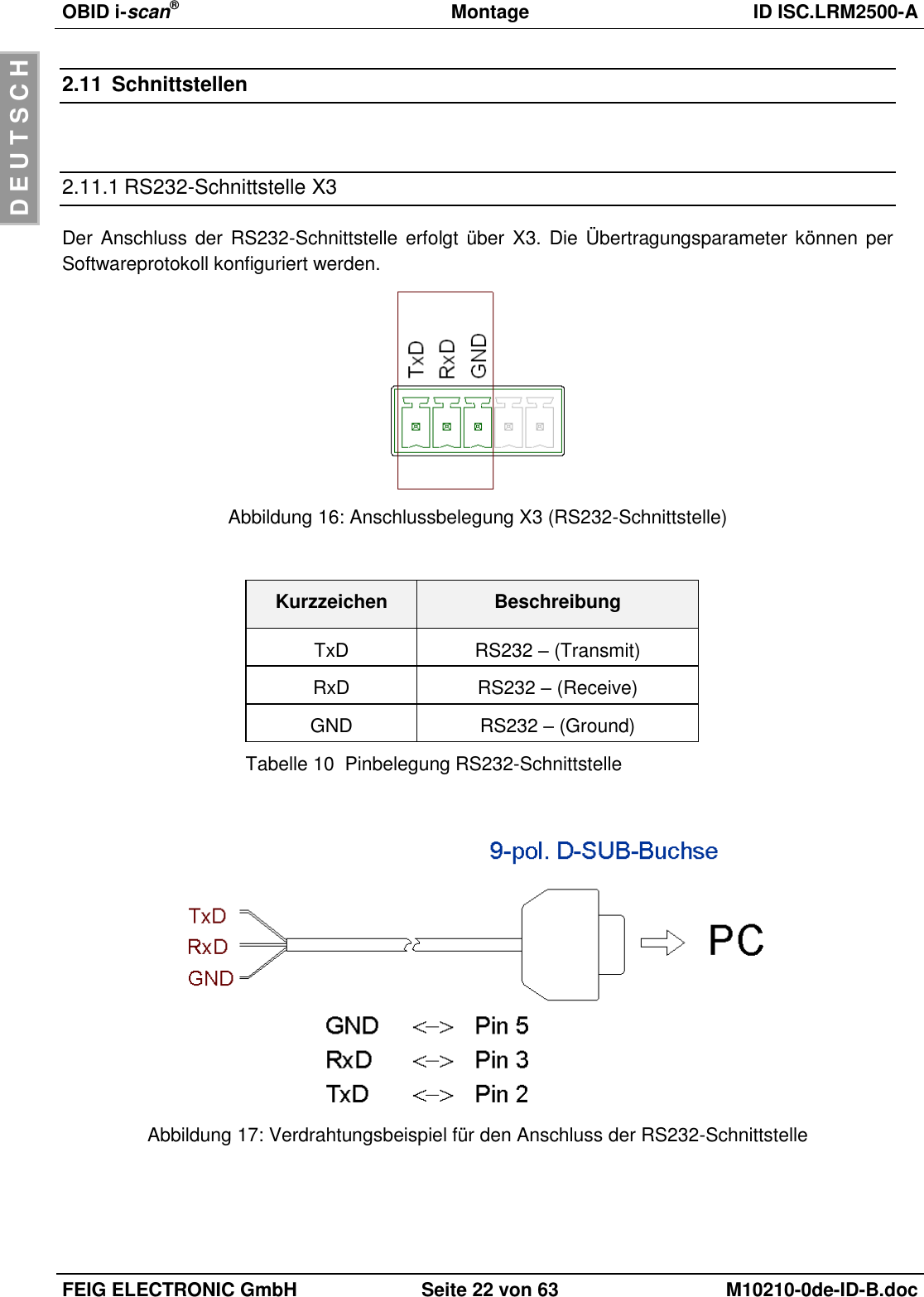 OBID i-scan®  Montage ID ISC.LRM2500-A  FEIG ELECTRONIC GmbH Seite 22 von 63 M10210-0de-ID-B.doc  D E U T S C H 2.11  Schnittstellen  2.11.1 RS232-Schnittstelle X3 Der Anschluss der RS232-Schnittstelle erfolgt über  X3. Die Übertragungsparameter können per Softwareprotokoll konfiguriert werden.  Abbildung 16: Anschlussbelegung X3 (RS232-Schnittstelle)  Kurzzeichen Beschreibung TxD RS232 – (Transmit) RxD RS232 – (Receive) GND RS232 – (Ground) Tabelle 10  Pinbelegung RS232-Schnittstelle   Abbildung 17: Verdrahtungsbeispiel für den Anschluss der RS232-Schnittstelle  