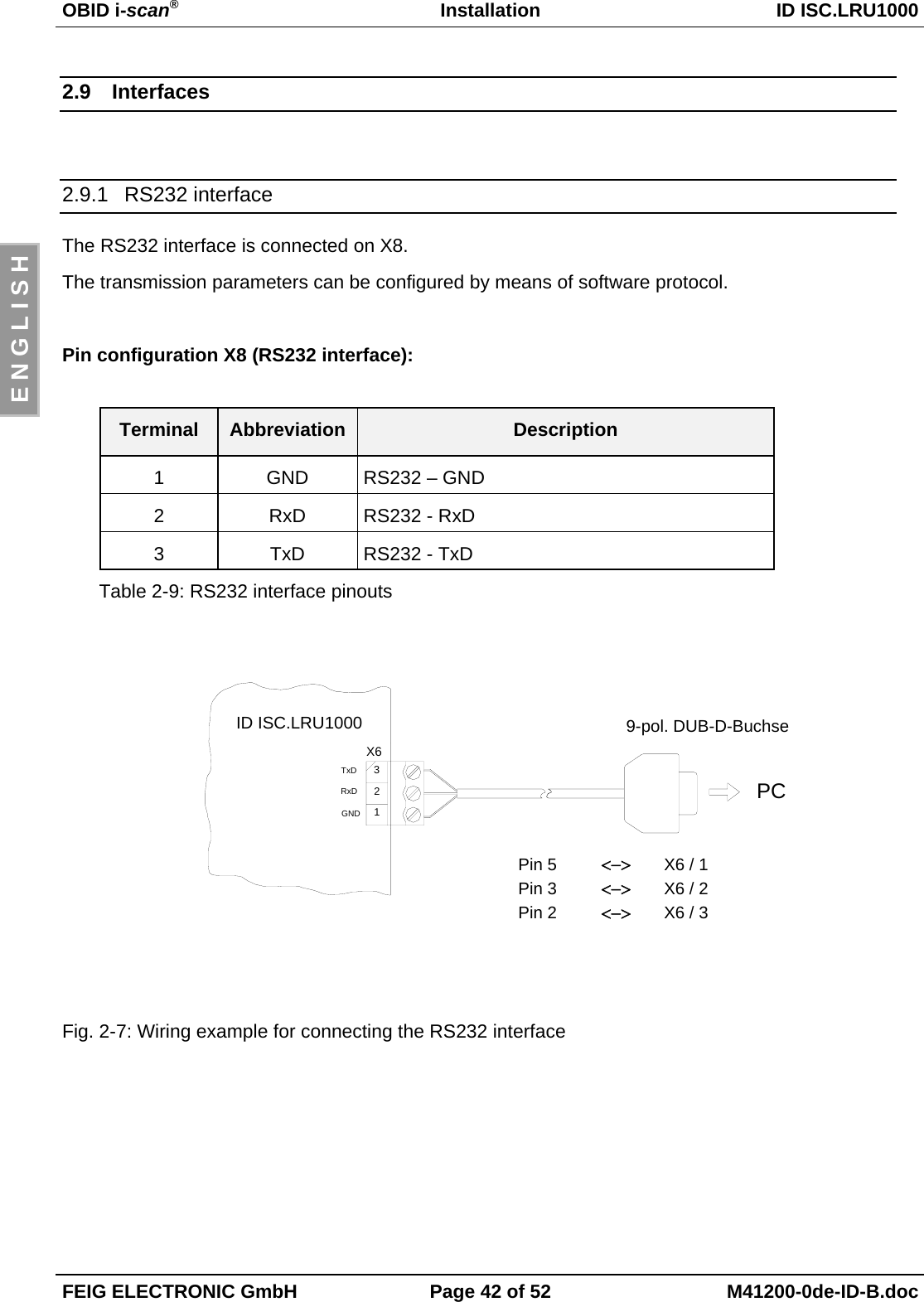 OBID i-scan®Installation ID ISC.LRU1000FEIG ELECTRONIC GmbH Page 42 of 52 M41200-0de-ID-B.docE N G L I S H2.9 Interfaces2.9.1 RS232 interfaceThe RS232 interface is connected on X8.The transmission parameters can be configured by means of software protocol.Pin configuration X8 (RS232 interface):Terminal Abbreviation Description1 GND RS232 – GND2 RxD RS232 - RxD3 TxD RS232 - TxDTable 2-9: RS232 interface pinoutsFig. 2-7: Wiring example for connecting the RS232 interfaceX6 / 1Pin 59-pol. DUB-D-BuchseGNDRxDTxDID ISC.LRU1000123X6PC&lt;−&gt;&lt;−&gt;&lt;−&gt;X6 / 3Pin 2X6 / 2Pin 3