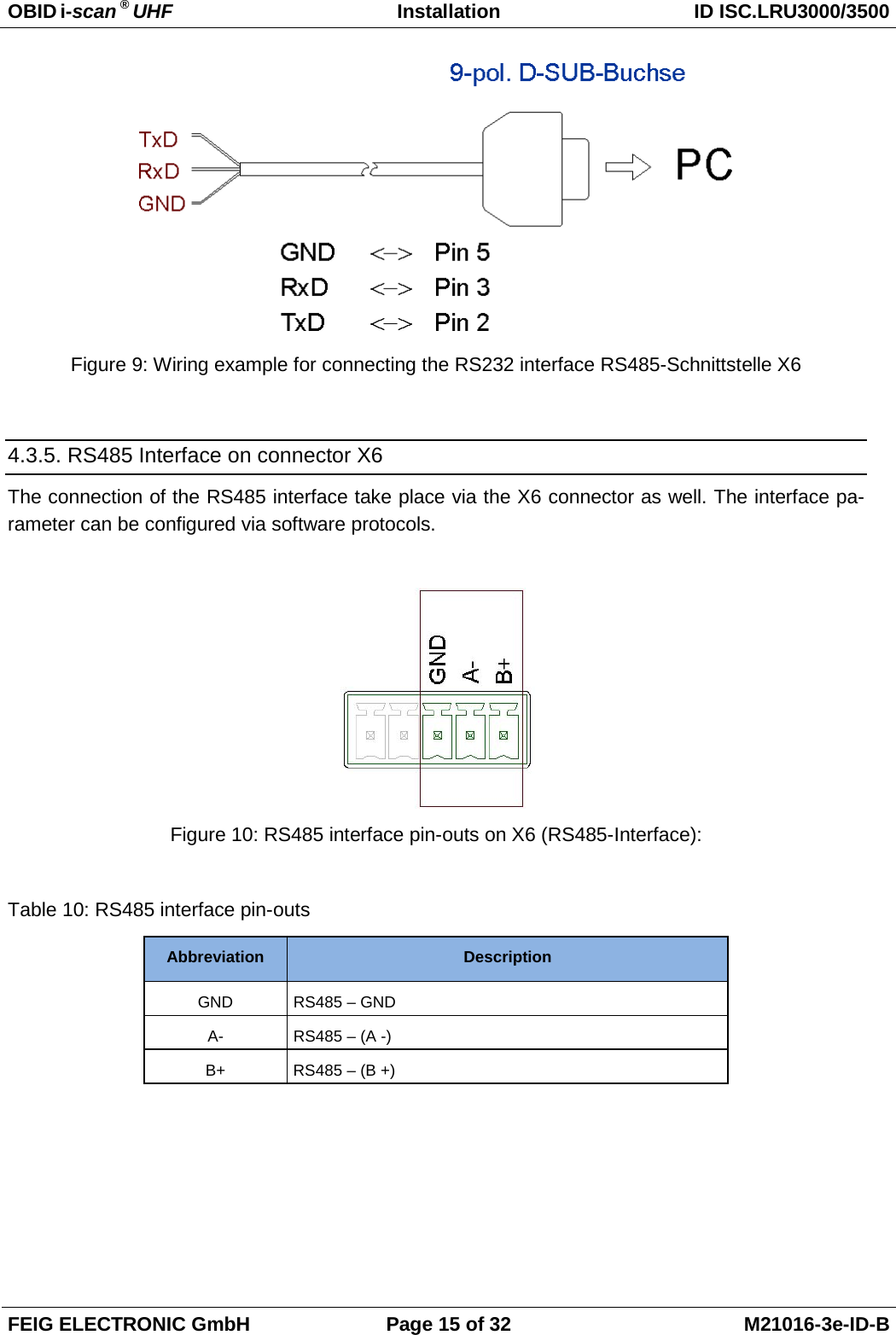 OBID i-scan ® UHF Installation ID ISC.LRU3000/3500  FEIG ELECTRONIC GmbH Page 15 of 32 M21016-3e-ID-B   Figure 9: Wiring example for connecting the RS232 interface RS485-Schnittstelle X6  4.3.5. RS485 Interface on connector X6 The connection of the RS485 interface take place via the X6 connector as well. The interface pa-rameter can be configured via software protocols.    Figure 10: RS485 interface pin-outs on X6 (RS485-Interface):  Table 10: RS485 interface pin-outs Abbreviation Description GND RS485 – GND A-  RS485 – (A -) B+  RS485 – (B +)  