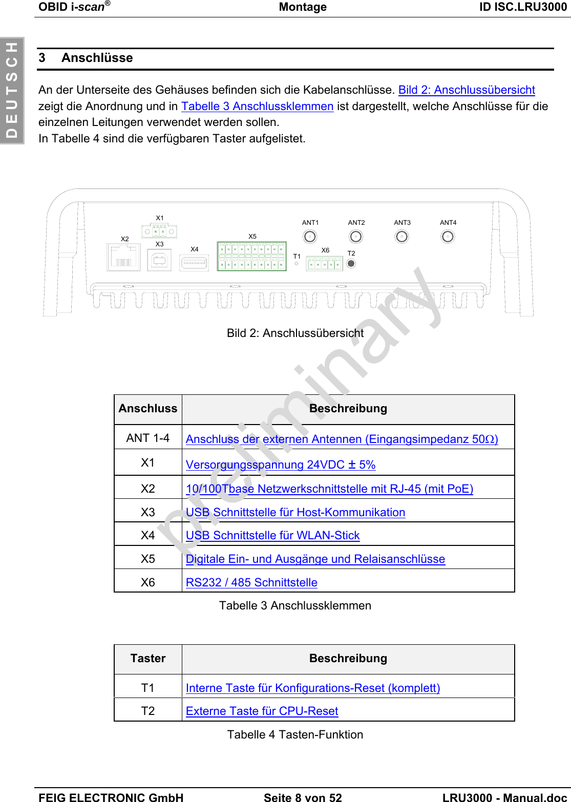 OBID i-scan®Montage ID ISC.LRU3000FEIG ELECTRONIC GmbH Seite 8 von 52 LRU3000 - Manual.docD E U T S C H3 AnschlüsseAn der Unterseite des Gehäuses befinden sich die Kabelanschlüsse. Bild 2: Anschlussübersichtzeigt die Anordnung und in Tabelle 3 Anschlussklemmen ist dargestellt, welche Anschlüsse für dieeinzelnen Leitungen verwendet werden sollen.In Tabelle 4 sind die verfügbaren Taster aufgelistet.X2 X3 X4X5X6T1 T2X1 ANT1 ANT2 ANT3 ANT4Bild 2: AnschlussübersichtAnschluss BeschreibungANT 1-4 Anschluss der externen Antennen (Eingangsimpedanz 50Ω)X1 Versorgungsspannung 24VDC ± 5%X2 10/100Tbase Netzwerkschnittstelle mit RJ-45 (mit PoE)X3 USB Schnittstelle für Host-KommunikationX4 USB Schnittstelle für WLAN-StickX5 Digitale Ein- und Ausgänge und RelaisanschlüsseX6 RS232 / 485 SchnittstelleTabelle 3 AnschlussklemmenTaster BeschreibungT1 Interne Taste für Konfigurations-Reset (komplett)T2 Externe Taste für CPU-ResetTabelle 4 Tasten-Funktion