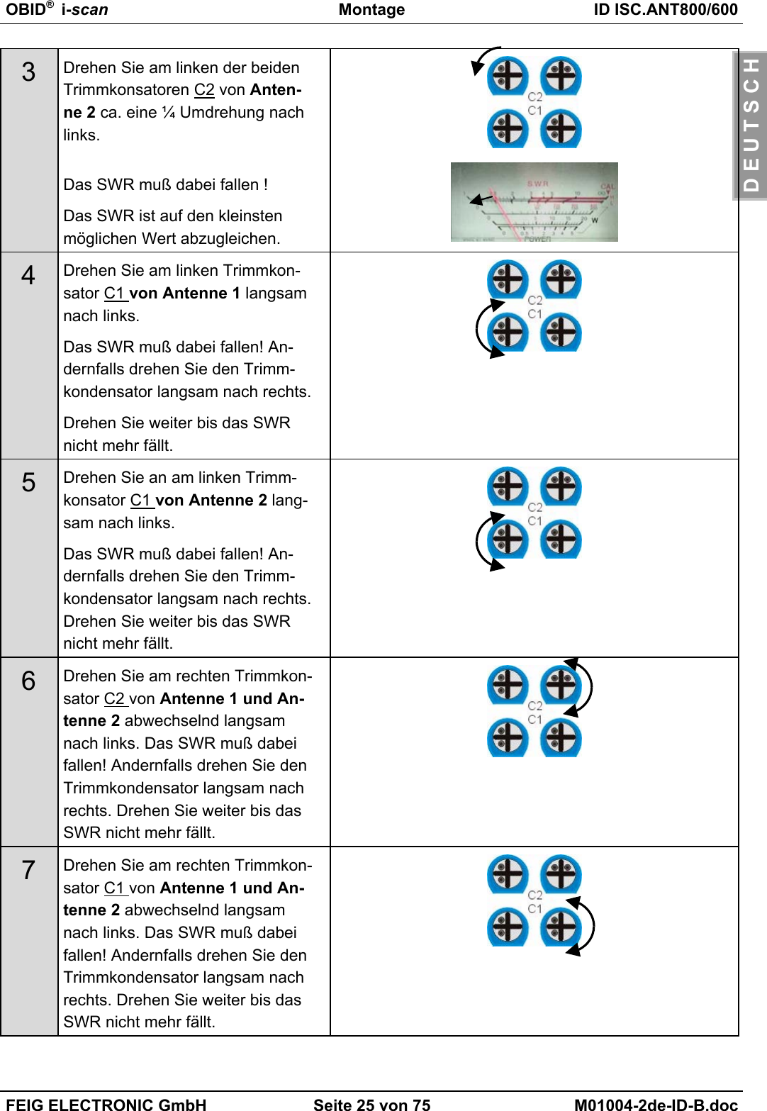OBID®  i-scan Montage ID ISC.ANT800/600FEIG ELECTRONIC GmbH Seite 25 von 75 M01004-2de-ID-B.docD E U T S C H3Drehen Sie am linken der beidenTrimmkonsatoren C2 von Anten-ne 2 ca. eine ¼ Umdrehung nachlinks.Das SWR muß dabei fallen !Das SWR ist auf den kleinstenmöglichen Wert abzugleichen.4Drehen Sie am linken Trimmkon-sator C1 von Antenne 1 langsamnach links.Das SWR muß dabei fallen! An-dernfalls drehen Sie den Trimm-kondensator langsam nach rechts.Drehen Sie weiter bis das SWRnicht mehr fällt.5Drehen Sie an am linken Trimm-konsator C1 von Antenne 2 lang-sam nach links.Das SWR muß dabei fallen! An-dernfalls drehen Sie den Trimm-kondensator langsam nach rechts.Drehen Sie weiter bis das SWRnicht mehr fällt.6Drehen Sie am rechten Trimmkon-sator C2 von Antenne 1 und An-tenne 2 abwechselnd langsamnach links. Das SWR muß dabeifallen! Andernfalls drehen Sie denTrimmkondensator langsam nachrechts. Drehen Sie weiter bis dasSWR nicht mehr fällt.7Drehen Sie am rechten Trimmkon-sator C1 von Antenne 1 und An-tenne 2 abwechselnd langsamnach links. Das SWR muß dabeifallen! Andernfalls drehen Sie denTrimmkondensator langsam nachrechts. Drehen Sie weiter bis dasSWR nicht mehr fällt.
