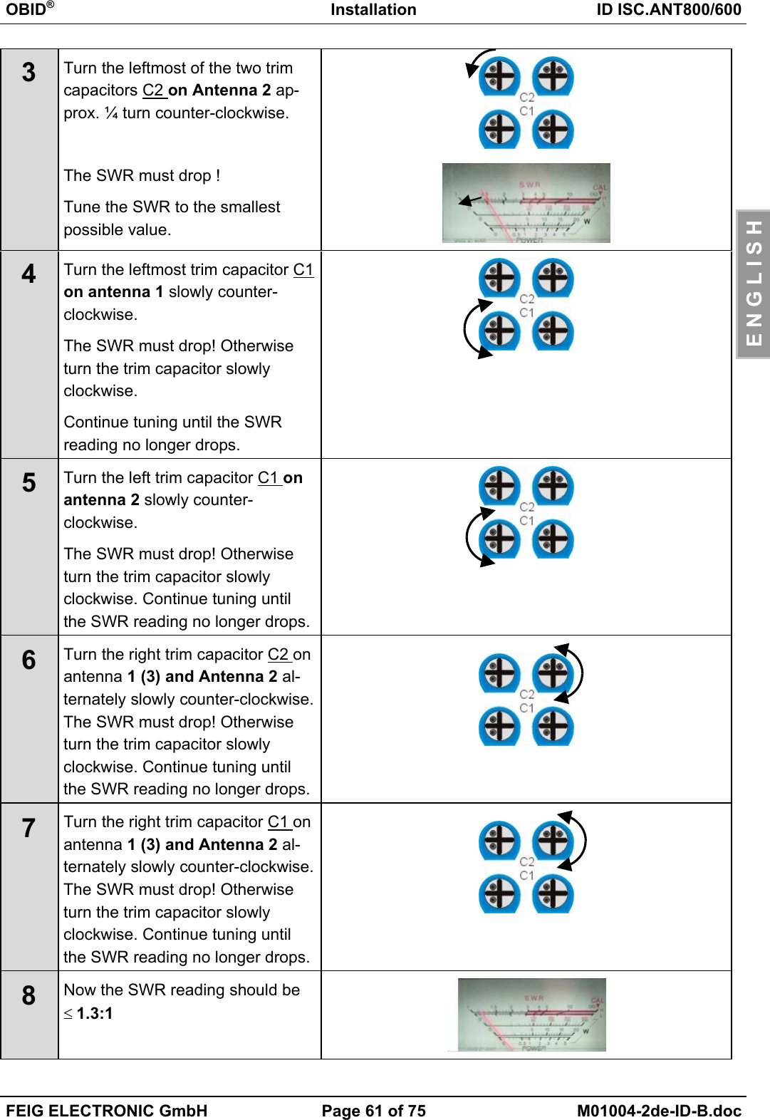 OBID®Installation ID ISC.ANT800/600FEIG ELECTRONIC GmbH Page 61 of 75 M01004-2de-ID-B.docE N G L I S H3Turn the leftmost of the two trimcapacitors C2 on Antenna 2 ap-prox. ¼ turn counter-clockwise.The SWR must drop !Tune the SWR to the smallestpossible value.4Turn the leftmost trim capacitor C1on antenna 1 slowly counter-clockwise.The SWR must drop! Otherwiseturn the trim capacitor slowlyclockwise.Continue tuning until the SWRreading no longer drops.5Turn the left trim capacitor C1 onantenna 2 slowly counter-clockwise.The SWR must drop! Otherwiseturn the trim capacitor slowlyclockwise. Continue tuning untilthe SWR reading no longer drops.6Turn the right trim capacitor C2 onantenna 1 (3) and Antenna 2 al-ternately slowly counter-clockwise.The SWR must drop! Otherwiseturn the trim capacitor slowlyclockwise. Continue tuning untilthe SWR reading no longer drops.7Turn the right trim capacitor C1 onantenna 1 (3) and Antenna 2 al-ternately slowly counter-clockwise.The SWR must drop! Otherwiseturn the trim capacitor slowlyclockwise. Continue tuning untilthe SWR reading no longer drops.8Now the SWR reading should be≤ 1.3:1