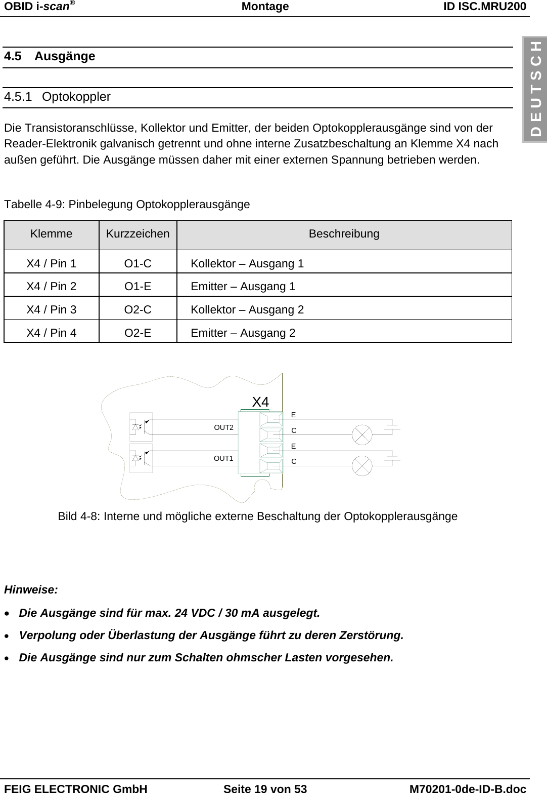 OBID i-scan®Montage ID ISC.MRU200FEIG ELECTRONIC GmbH Seite 19 von 53 M70201-0de-ID-B.docD E U T S C H4.5 Ausgänge4.5.1 OptokopplerDie Transistoranschlüsse, Kollektor und Emitter, der beiden Optokopplerausgänge sind von derReader-Elektronik galvanisch getrennt und ohne interne Zusatzbeschaltung an Klemme X4 nachaußen geführt. Die Ausgänge müssen daher mit einer externen Spannung betrieben werden.Tabelle 4-9: Pinbelegung OptokopplerausgängeKlemme Kurzzeichen BeschreibungX4 / Pin 1 O1-C Kollektor – Ausgang 1X4 / Pin 2 O1-E Emitter – Ausgang 1X4 / Pin 3 O2-C Kollektor – Ausgang 2X4 / Pin 4 O2-E Emitter – Ausgang 2Bild 4-8: Interne und mögliche externe Beschaltung der OptokopplerausgängeHinweise:• Die Ausgänge sind für max. 24 VDC / 30 mA ausgelegt.• Verpolung oder Überlastung der Ausgänge führt zu deren Zerstörung.• Die Ausgänge sind nur zum Schalten ohmscher Lasten vorgesehen.X4OUT2OUT1ECEC