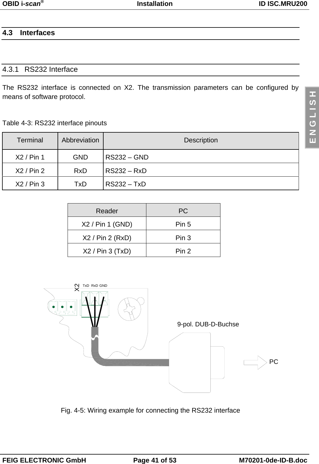 OBID i-scan®Installation ID ISC.MRU200FEIG ELECTRONIC GmbH Page 41 of 53 M70201-0de-ID-B.docE N G L I S H4.3 Interfaces4.3.1 RS232 InterfaceThe RS232 interface is connected on X2. The transmission parameters can be configured bymeans of software protocol.Table 4-3: RS232 interface pinoutsTerminal Abbreviation DescriptionX2 / Pin 1 GND RS232 – GNDX2 / Pin 2 RxD RS232 – RxDX2 / Pin 3 TxD RS232 – TxDReader PCX2 / Pin 1 (GND) Pin 5X2 / Pin 2 (RxD) Pin 3X2 / Pin 3 (TxD) Pin 2Fig. 4-5: Wiring example for connecting the RS232 interfaceX2TxD RxD GNDPC9-pol. DUB-D-Buchse