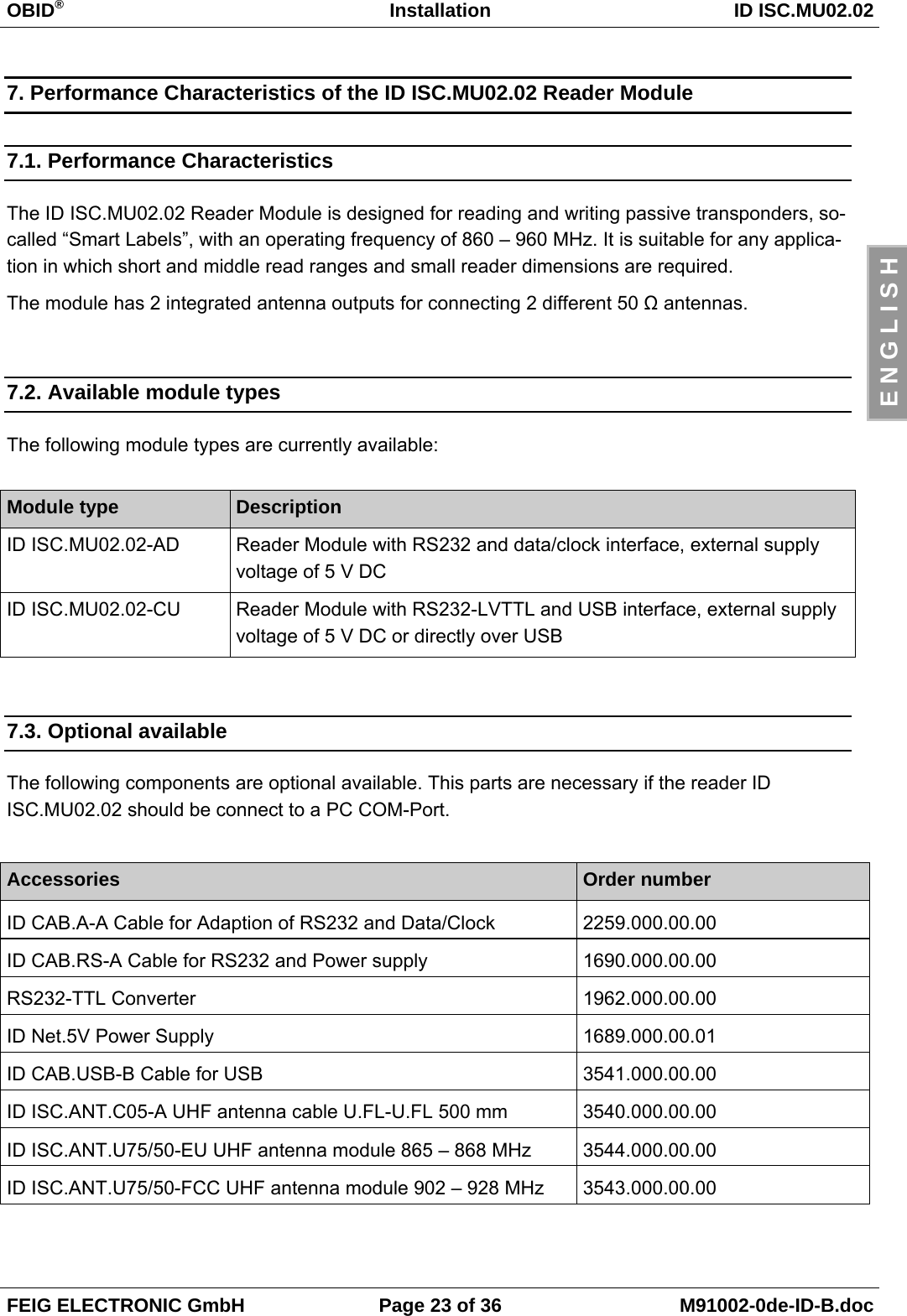 OBID®Installation ID ISC.MU02.02FEIG ELECTRONIC GmbH Page 23 of 36 M91002-0de-ID-B.docE N G L I S H7. Performance Characteristics of the ID ISC.MU02.02 Reader Module7.1. Performance CharacteristicsThe ID ISC.MU02.02 Reader Module is designed for reading and writing passive transponders, so-called “Smart Labels”, with an operating frequency of 860 – 960 MHz. It is suitable for any applica-tion in which short and middle read ranges and small reader dimensions are required. The module has 2 integrated antenna outputs for connecting 2 different 50 Ω antennas.7.2. Available module typesThe following module types are currently available:Module type DescriptionID ISC.MU02.02-AD Reader Module with RS232 and data/clock interface, external supplyvoltage of 5 V DCID ISC.MU02.02-CU Reader Module with RS232-LVTTL and USB interface, external supplyvoltage of 5 V DC or directly over USB7.3. Optional available The following components are optional available. This parts are necessary if the reader IDISC.MU02.02 should be connect to a PC COM-Port.Accessories Order numberID CAB.A-A Cable for Adaption of RS232 and Data/Clock 2259.000.00.00ID CAB.RS-A Cable for RS232 and Power supply 1690.000.00.00RS232-TTL Converter 1962.000.00.00ID Net.5V Power Supply 1689.000.00.01ID CAB.USB-B Cable for USB 3541.000.00.00ID ISC.ANT.C05-A UHF antenna cable U.FL-U.FL 500 mm 3540.000.00.00ID ISC.ANT.U75/50-EU UHF antenna module 865 – 868 MHz 3544.000.00.00ID ISC.ANT.U75/50-FCC UHF antenna module 902 – 928 MHz 3543.000.00.00