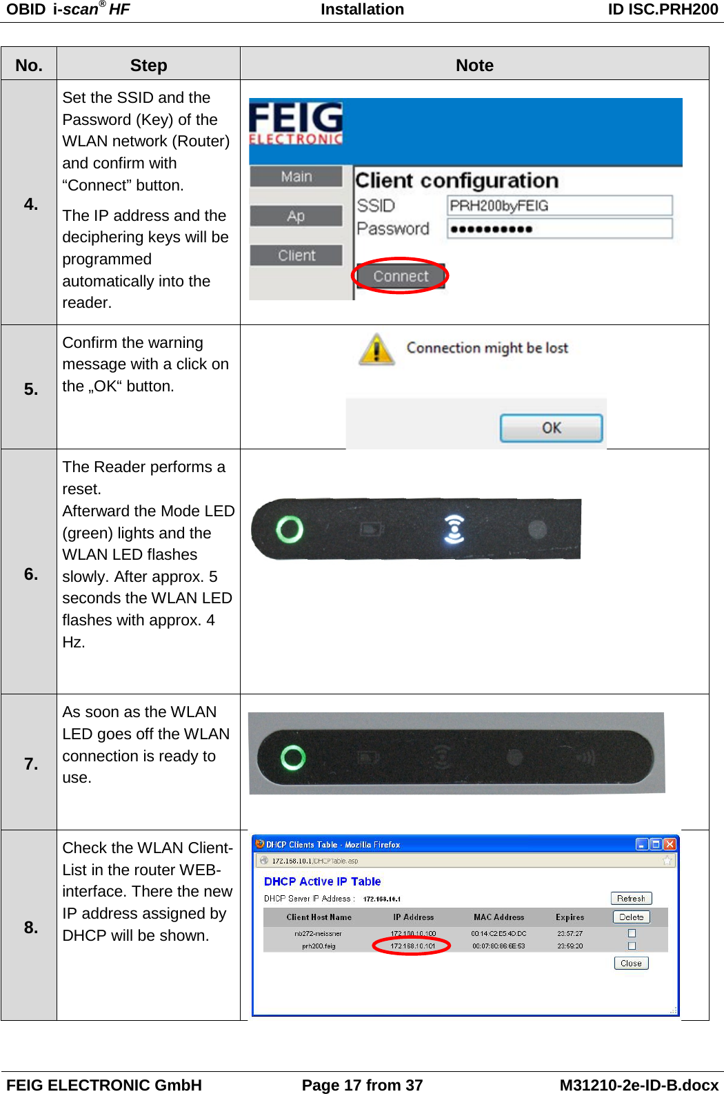 OBID  i-scan® HF Installation ID ISC.PRH200  FEIG ELECTRONIC GmbH Page 17 from 37 M31210-2e-ID-B.docx  No.  Step Note 4.  Set the SSID and the Password (Key) of the WLAN network (Router) and confirm with “Connect” button. The IP address and the deciphering keys will be programmed automatically into the reader.    5.  Confirm the warning message with a click on the „OK“ button.   6.  The Reader performs a reset.  Afterward the Mode LED (green) lights and the WLAN LED flashes slowly. After approx. 5 seconds the WLAN LED flashes with approx. 4 Hz.     7.  As soon as the WLAN LED goes off the WLAN connection is ready to use.    8.  Check the WLAN Client-List in the router WEB-interface. There the new IP address assigned by DHCP will be shown.    