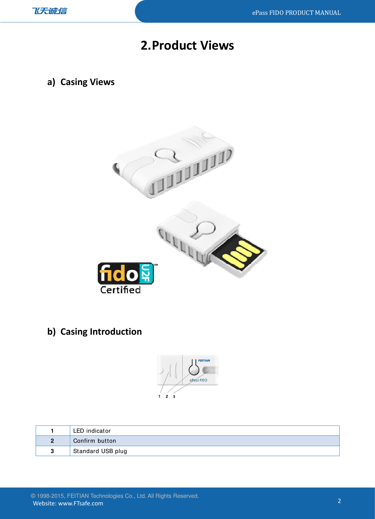 ©W© 1998-2015, FWebsite:wwa) Cab) Ca1 2 3 FEITIAN Techw.FTsafe.comasingVieasingIntLED indicaConfirm bStandard hnologies Co., mewsroductioator utton USB plug Ltd. All Rights2. Proons Reserved.oductVViewsePassFFIDOPRODUUCTMANUAL2L2