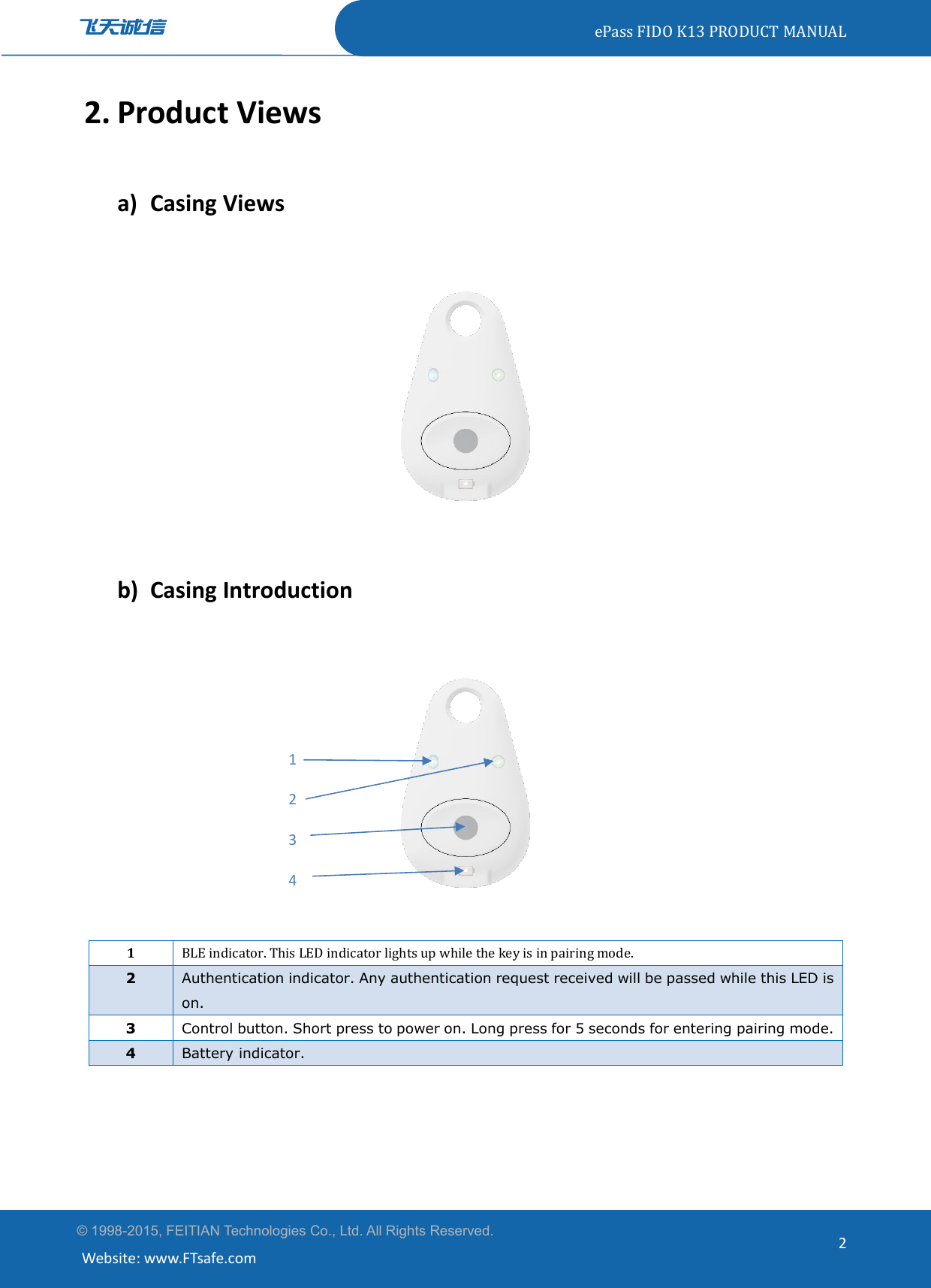 ePass FIDO K13 PRODUCT MANUAL© 1998-2015, FEITIAN Technologies Co., Ltd. All Rights Reserved.Website: www.FTsafe.com22. Product Viewsa) Casing Viewsb) Casing Introduction1BLE indicator. This LED indicator lights up while the key is in pairing mode.2Authentication indicator. Any authentication request received will be passed while this LED ison.3Control button. Short press to power on. Long press for 5 seconds for entering pairing mode.4Battery indicator.1234