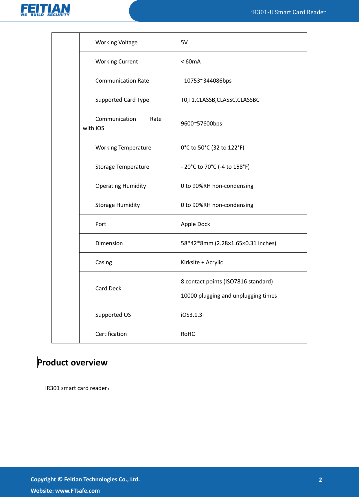 Feitian Technologies FTIR301-U USB CardReader User Manual iR301 U Smart ...