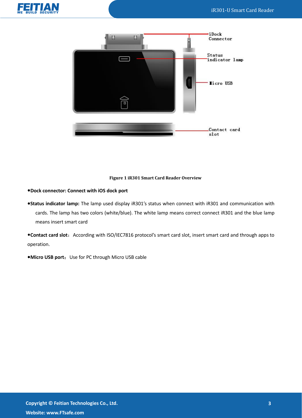   iR301-U Smart Card Reader   Copyright ©  Feitian Technologies Co., Ltd. Website: www.FTsafe.com 3  Figure 1 iR301 Smart Card Reader Overview Dock connector: Connect with iOS dock port Status indicator lamp: The lamp used display iR301’s status when connect with iR301 and communication with cards. The lamp has two colors (white/blue). The white lamp means correct connect iR301 and the blue lamp means insert smart card Contact card slot：According with ISO/IEC7816 protocol’s smart card slot, insert smart card and through apps to operation.   Micro USB port：Use for PC through Micro USB cable 