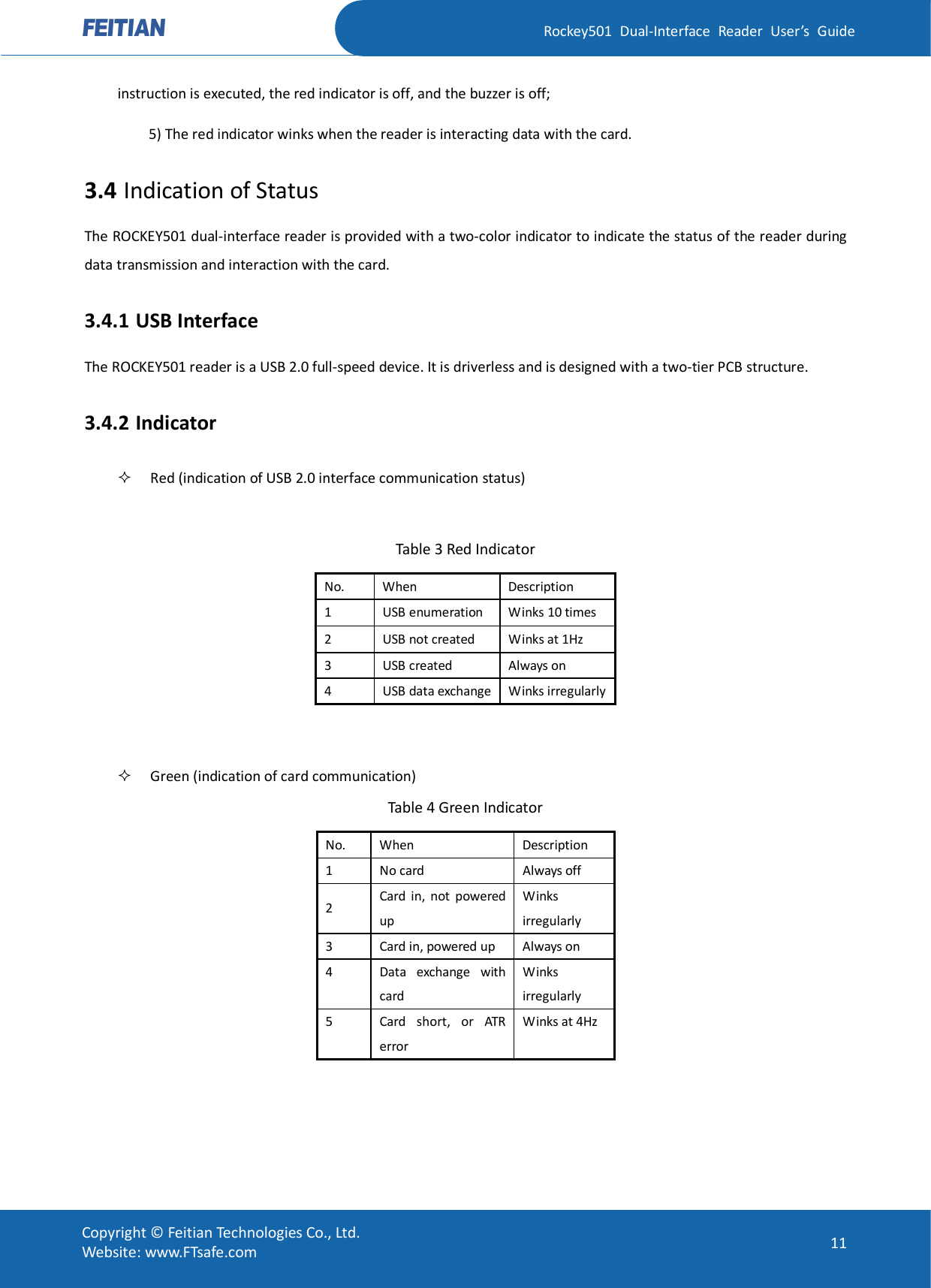   Rockey501  Dual-Interface  Reader  User’s  Guide Copyright © Feitian Technologies Co., Ltd. Website: www.FTsafe.com  11 instruction is executed, the red indicator is off, and the buzzer is off; 5) The red indicator winks when the reader is interacting data with the card. 3.4 Indication of Status The ROCKEY501 dual-interface reader is provided with a two-color indicator to indicate the status of the reader during data transmission and interaction with the card. 3.4.1 USB Interface The ROCKEY501 reader is a USB 2.0 full-speed device. It is driverless and is designed with a two-tier PCB structure.   3.4.2 Indicator  Red (indication of USB 2.0 interface communication status)  Table 3 Red Indicator No.  When  Description 1    USB enumeration  Winks 10 times 2    USB not created  Winks at 1Hz   3    USB created  Always on 4    USB data exchange Winks irregularly    Green (indication of card communication) Table 4 Green Indicator No.  When  Description 1    No card  Always off 2    Card  in,  not  powered up Winks irregularly 3    Card in, powered up  Always on 4    Data  exchange  with card Winks irregularly 5    Card  short,  or  ATR error Winks at 4Hz  