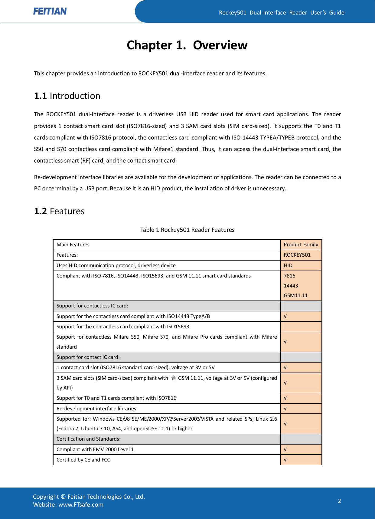   Rockey501  Dual-Interface  Reader  User’s  Guide Copyright © Feitian Technologies Co., Ltd. Website: www.FTsafe.com  2 Chapter 1. Overview This chapter provides an introduction to ROCKEY501 dual-interface reader and its features. 1.1 Introduction The  ROCKEY501  dual-interface  reader  is  a  driverless  USB  HID  reader  used  for  smart  card  applications.  The  reader provides 1 contact  smart  card  slot  (ISO7816-sized)  and 3  SAM  card  slots  (SIM card-sized). It  supports  the  T0  and  T1 cards compliant with ISO7816 protocol, the contactless card compliant with ISO-14443 TYPEA/TYPEB protocol, and the S50 and  S70 contactless card compliant  with Mifare1  standard. Thus, it can  access  the dual-interface smart card, the contactless smart (RF) card, and the contact smart card. Re-development interface libraries are available for the development of applications. The reader can be connected to a PC or terminal by a USB port. Because it is an HID product, the installation of driver is unnecessary. 1.2 Features Table 1 Rockey501 Reader Features Main Features  Product Family Features:  ROCKEY501 Uses HID communication protocol, driverless device  HID Compliant with ISO 7816, ISO14443, ISO15693, and GSM 11.11 smart card standards  7816 14443 GSM11.11 Support for contactless IC card:   Support for the contactless card compliant with ISO14443 TypeA/B  √ Support for the contactless card compliant with ISO15693   Support  for  contactless  Mifare  S50,  Mifare  S70,  and  Mifare  Pro  cards  compliant  with  Mifare standard  √ Support for contact IC card:   1 contact card slot (ISO7816 standard card-sized), voltage at 3V or 5V    √ 3 SAM card slots (SIM card-sized) compliant with  合GSM 11.11, voltage at 3V or 5V (configured by API)  √ Support for T0 and T1 cards compliant with ISO7816  √ Re-development interface libraries  √ Supported for:  Windows  CE/98  SE/ME/2000/XP/7/Server2003/VISTA  and  related  SPs,  Linux  2.6 (Fedora 7, Ubuntu 7.10, AS4, and openSUSE 11.1) or higher  √ Certification and Standards:   Compliant with EMV 2000 Level 1  √ Certified by CE and FCC  √ 