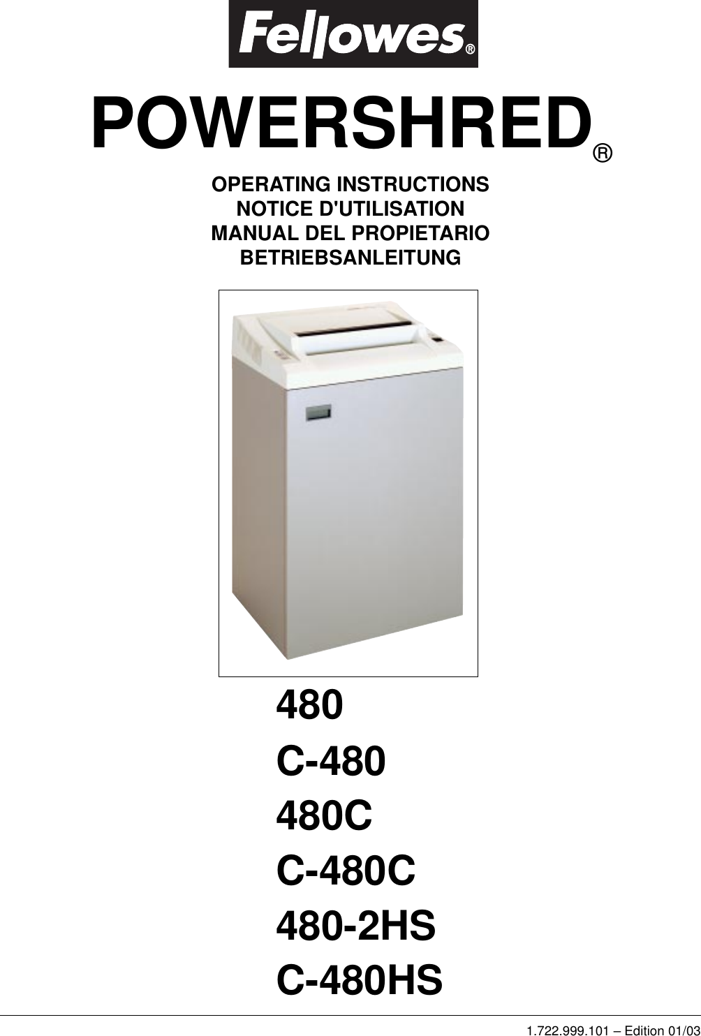 Page 1 of 8 - Fellowes Fellowes-480-2Hs-Users-Manual- PS480 0103  Fellowes-480-2hs-users-manual