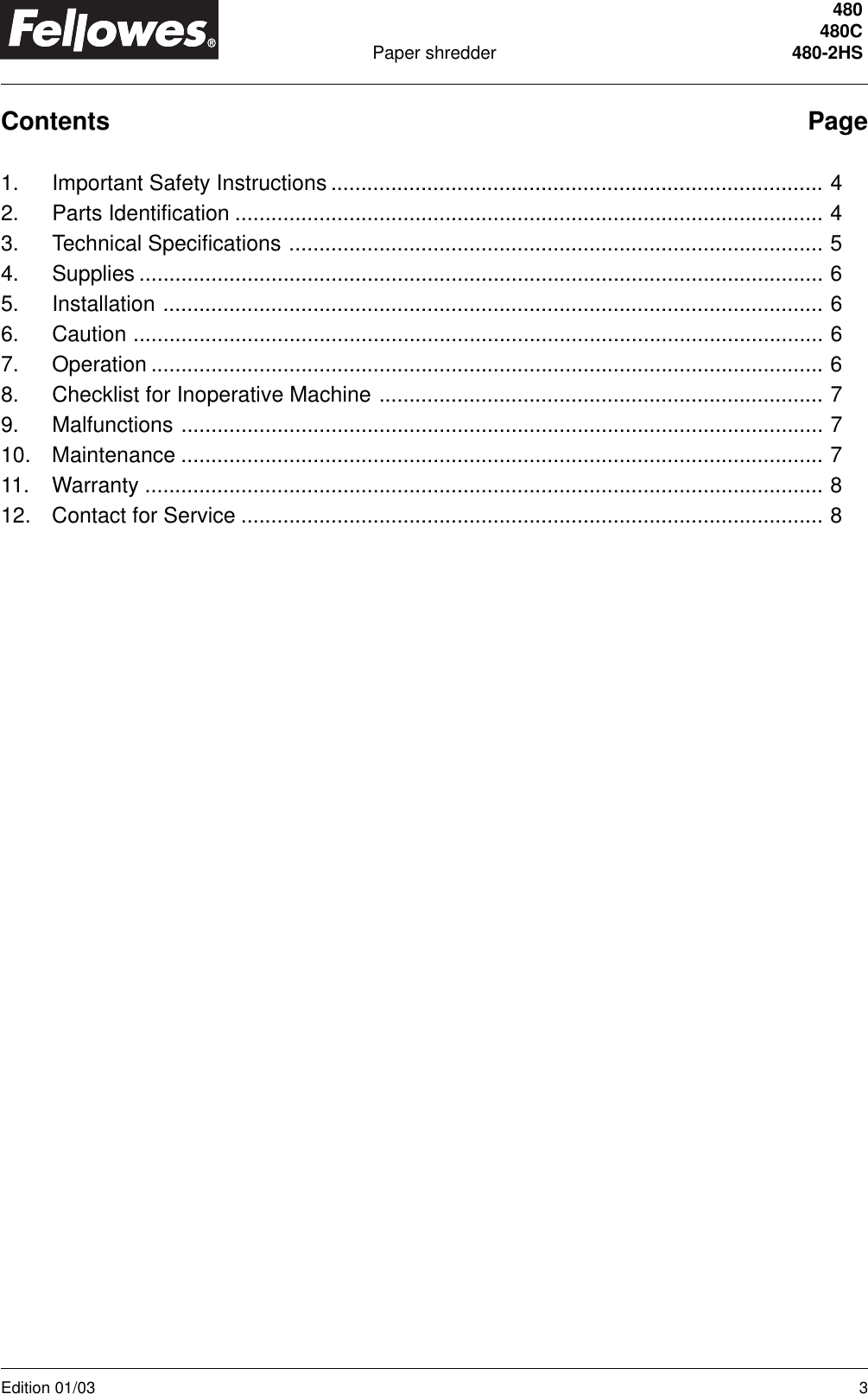 Page 3 of 8 - Fellowes Fellowes-480-2Hs-Users-Manual- PS480 0103  Fellowes-480-2hs-users-manual