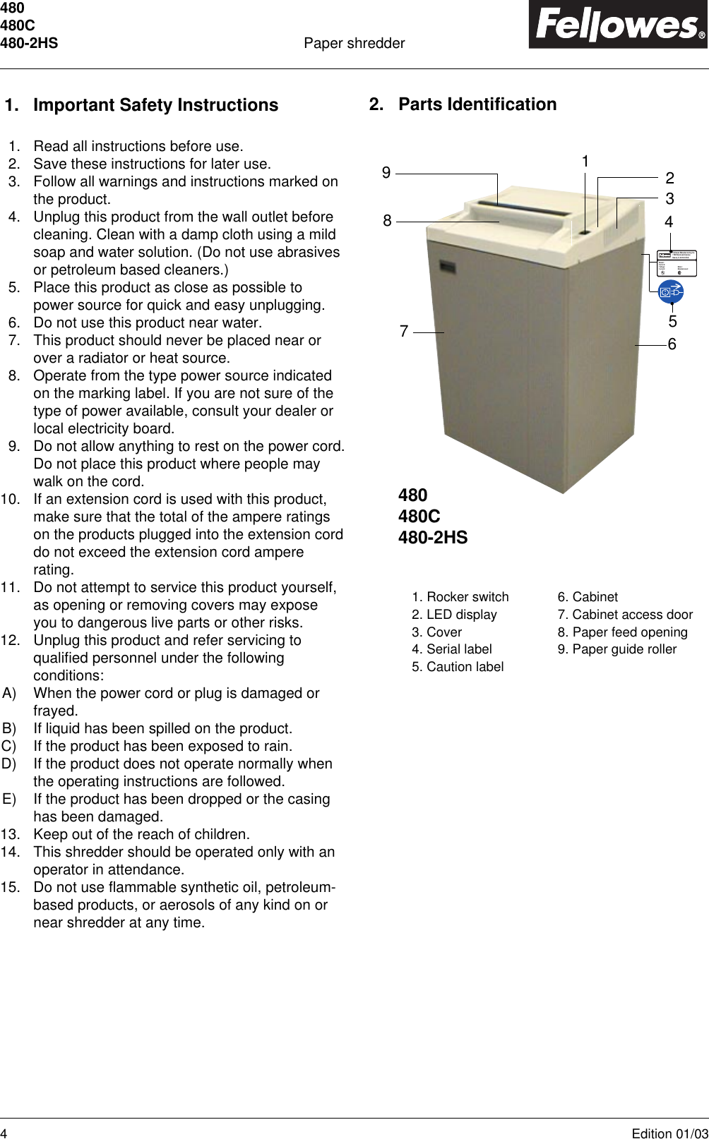 Page 4 of 8 - Fellowes Fellowes-480-2Hs-Users-Manual- PS480 0103  Fellowes-480-2hs-users-manual