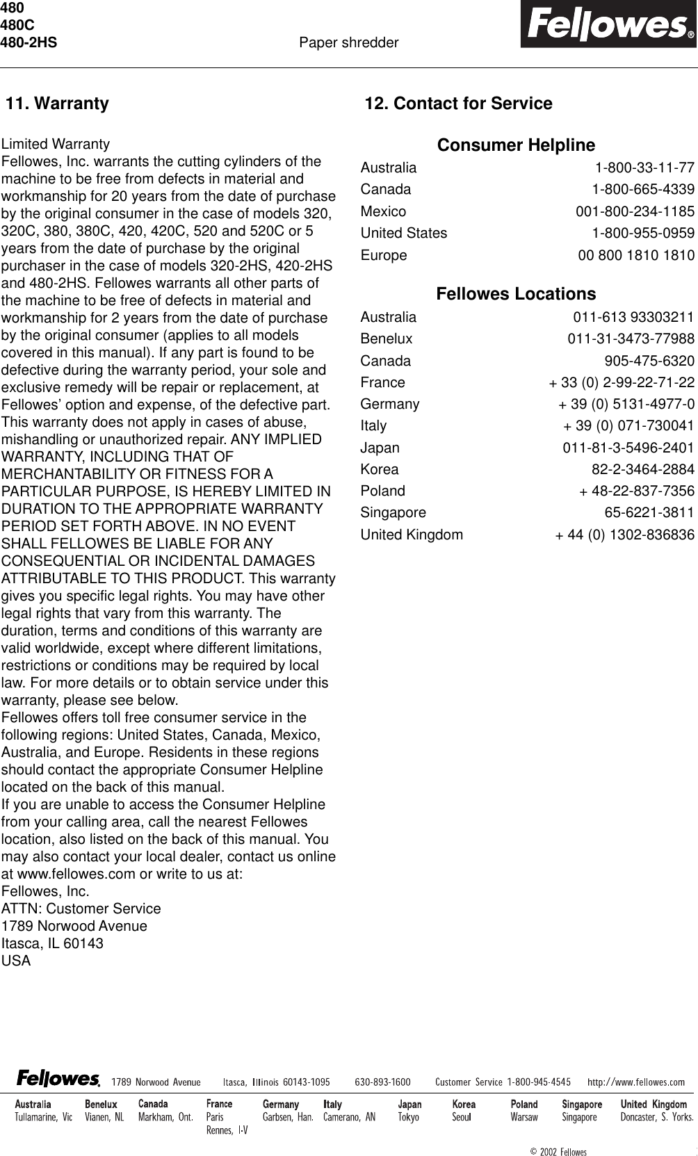 Page 8 of 8 - Fellowes Fellowes-480-2Hs-Users-Manual- PS480 0103  Fellowes-480-2hs-users-manual
