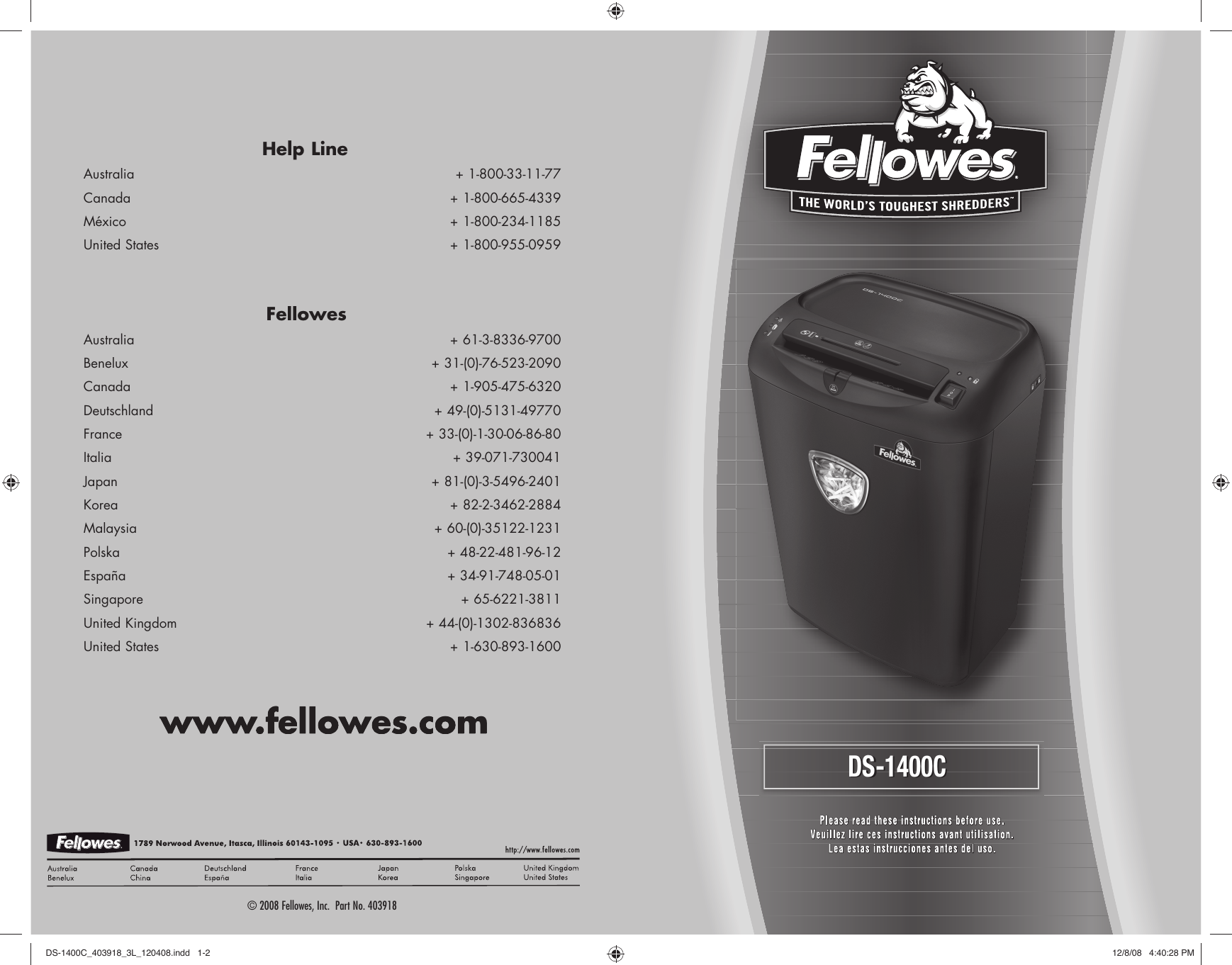 Page 1 of 4 - Fellowes Fellowes-Ds-1400C-Users-Manual- DS-1400C_403918_3L_120408  Fellowes-ds-1400c-users-manual