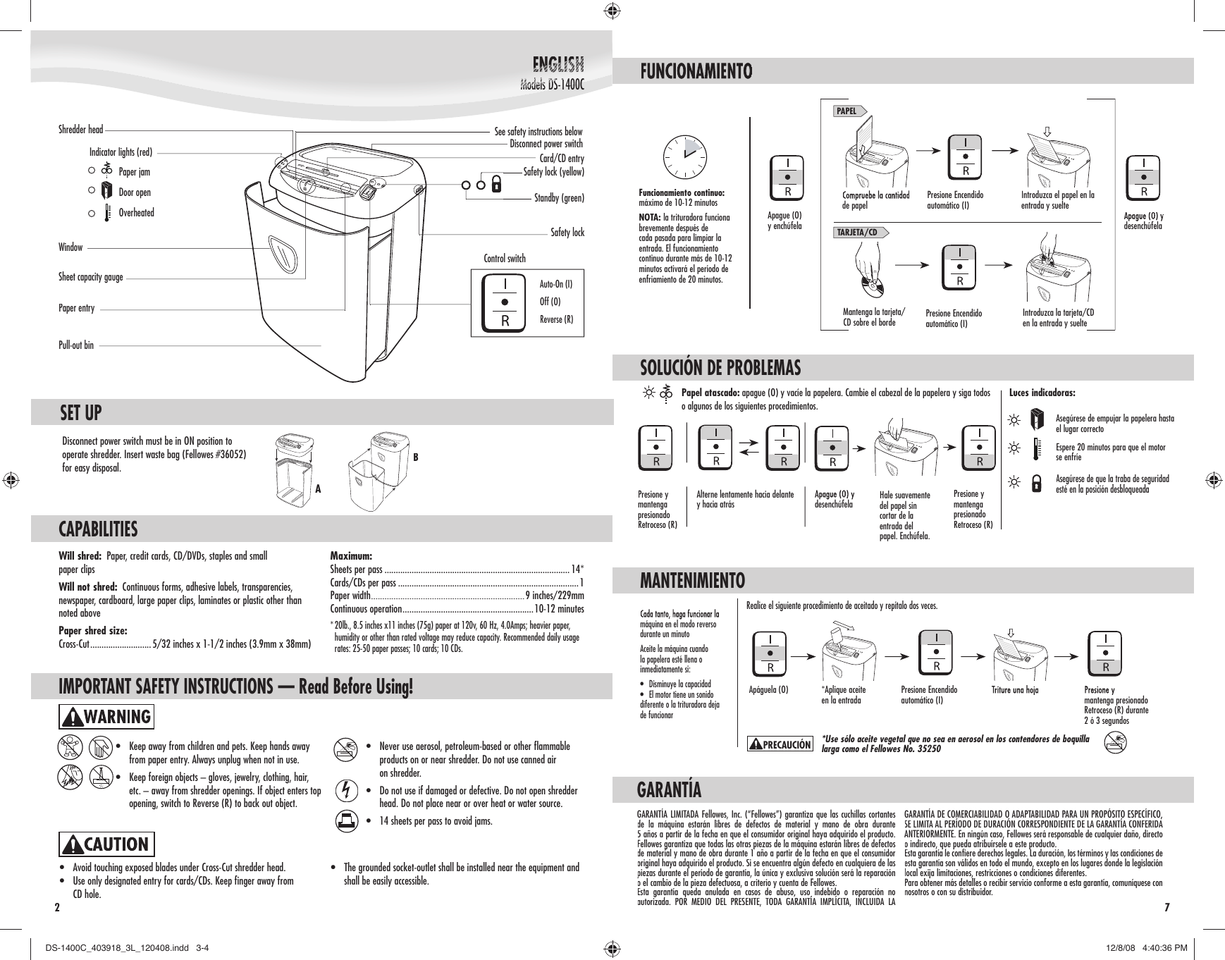 Page 2 of 4 - Fellowes Fellowes-Ds-1400C-Users-Manual- DS-1400C_403918_3L_120408  Fellowes-ds-1400c-users-manual