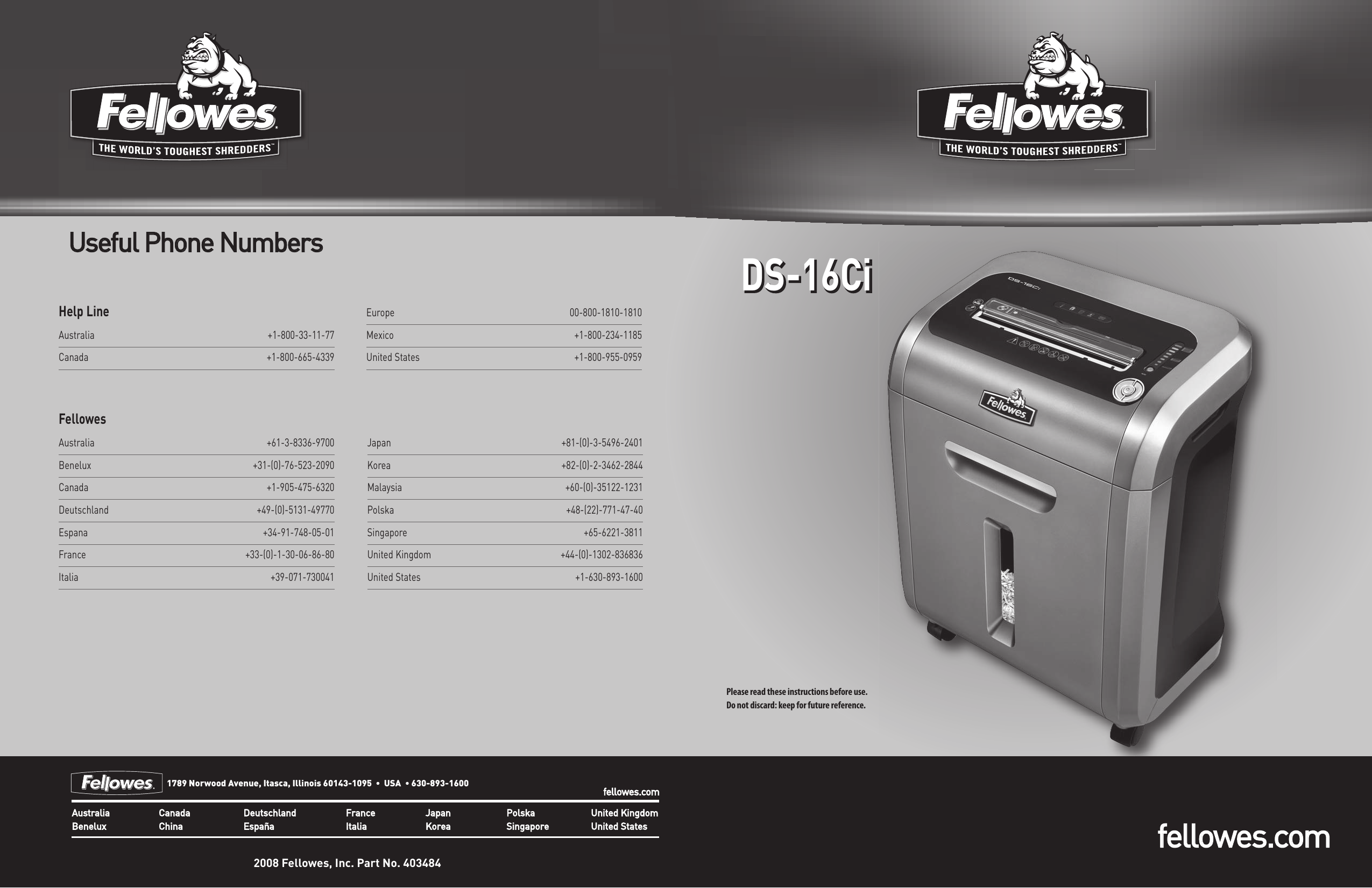 Page 1 of 5 - Fellowes Fellowes-Ds-16Ci-Users-Manual- DS-16Ci_403484_ENG_WEB_090208  Fellowes-ds-16ci-users-manual