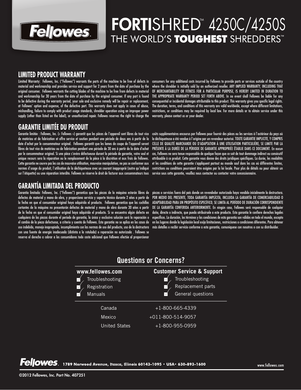 Page 8 of 8 - Fellowes Fellowes-Fortishred-4250S-Strip-Cut-Shredder-Users-Manual-  Fellowes-fortishred-4250s-strip-cut-shredder-users-manual
