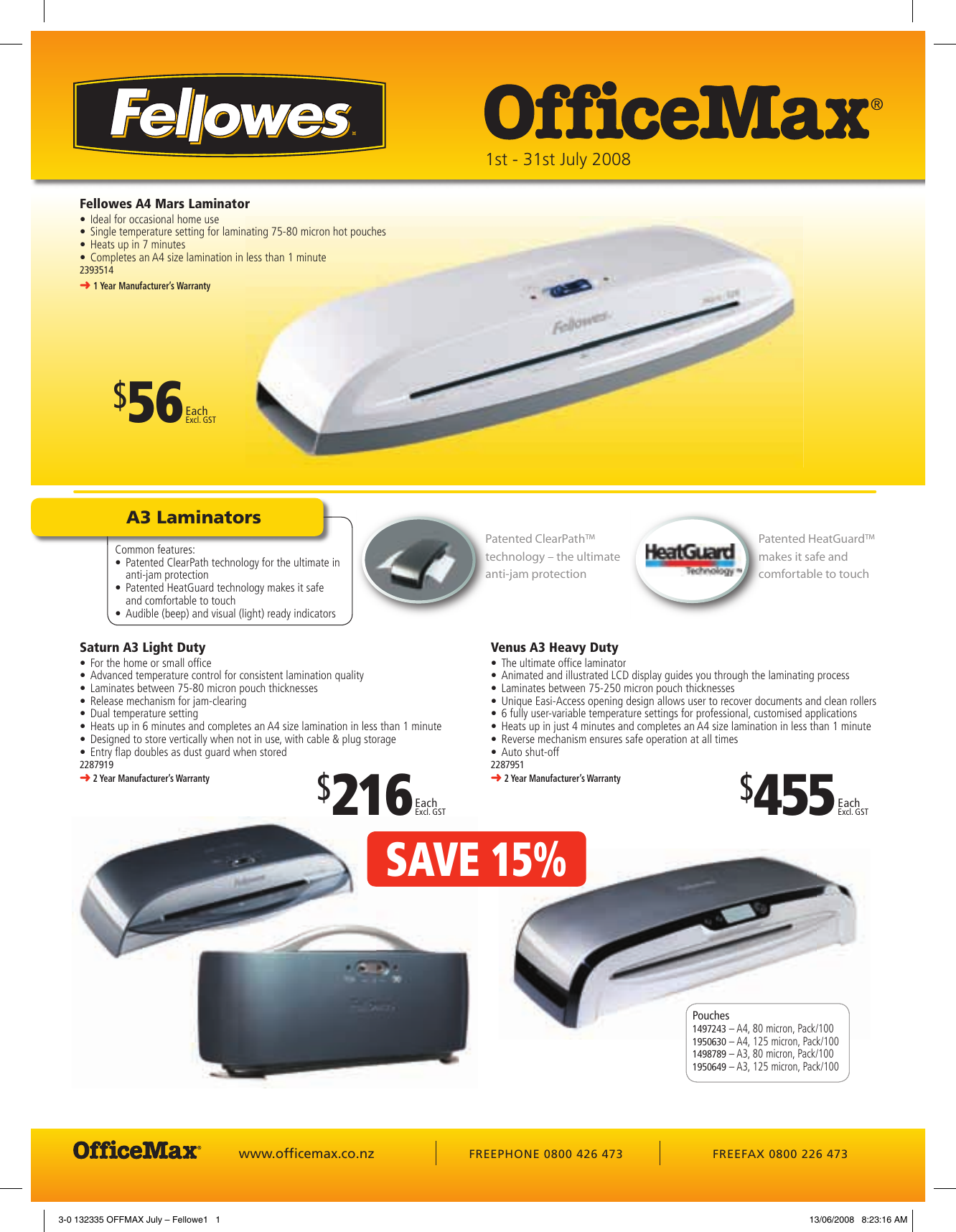 Page 1 of 2 - Fellowes Fellowes-Jupiter-A3-Users-Manual- 3-0 132335 OFFMAX July – Insert  Fellowes-jupiter-a3-users-manual