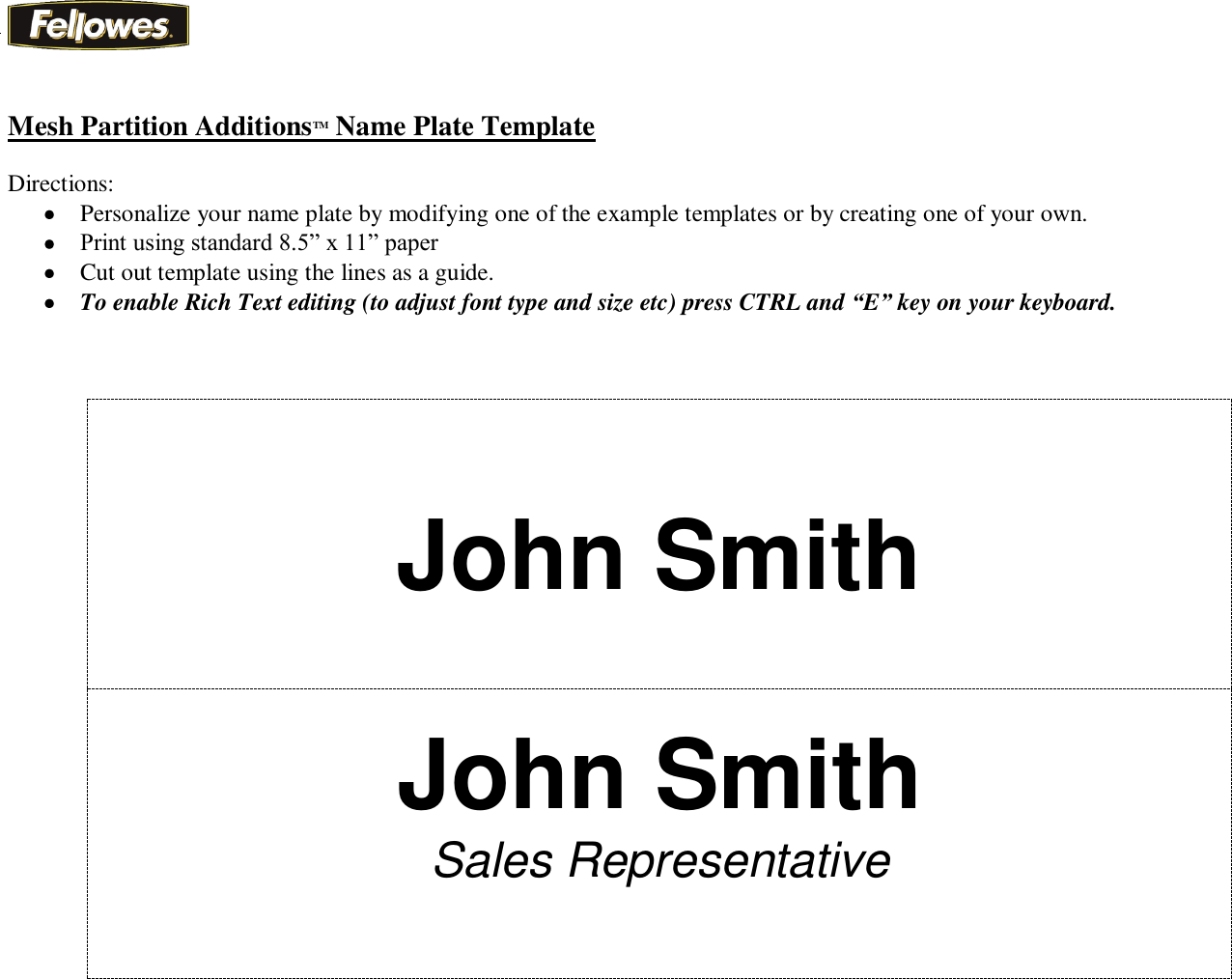 Page 1 of 2 - Fellowes Fellowes-Mesh-Partition-Additions-Name-Plate-Users-Manual-  Fellowes-mesh-partition-additions-name-plate-users-manual