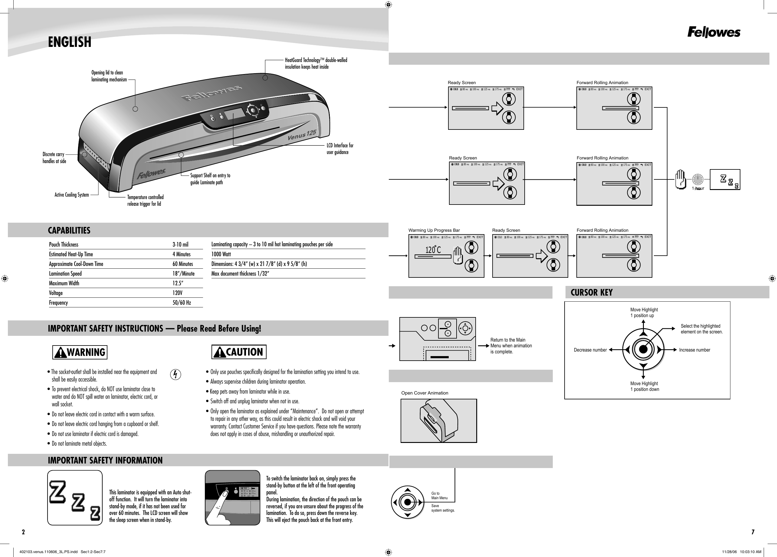 Fellowes Office Laminators Venus 125 Users Manual 402103.venus.110606_3L.PS
