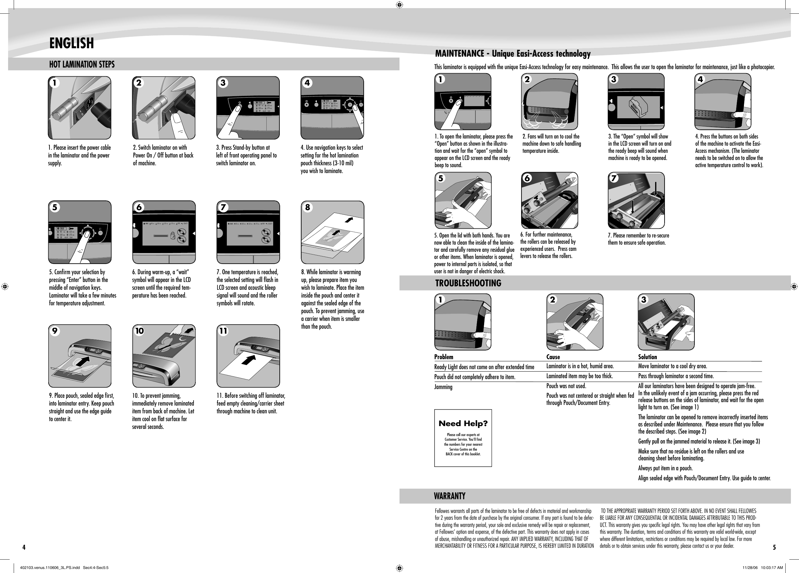 Fellowes Office Laminators Venus 125 Users Manual 402103.venus.110606_3L.PS