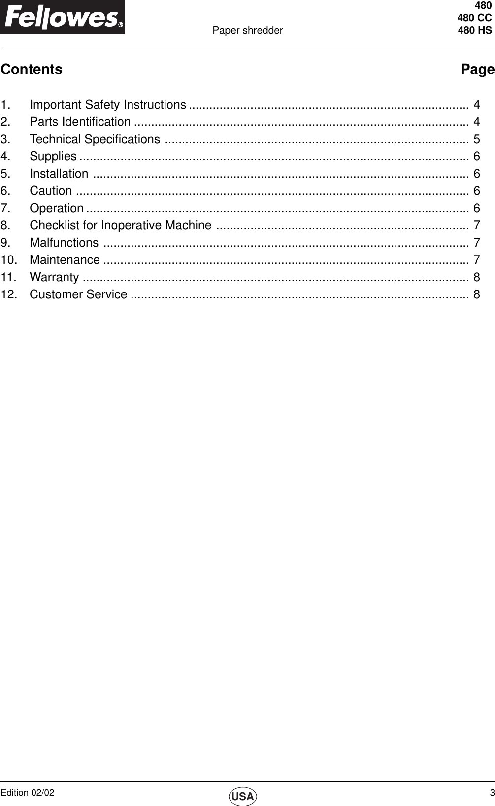 Page 3 of 8 - Fellowes Fellowes-Powershred-480-Users-Manual- PS480 0202  Fellowes-powershred-480-users-manual