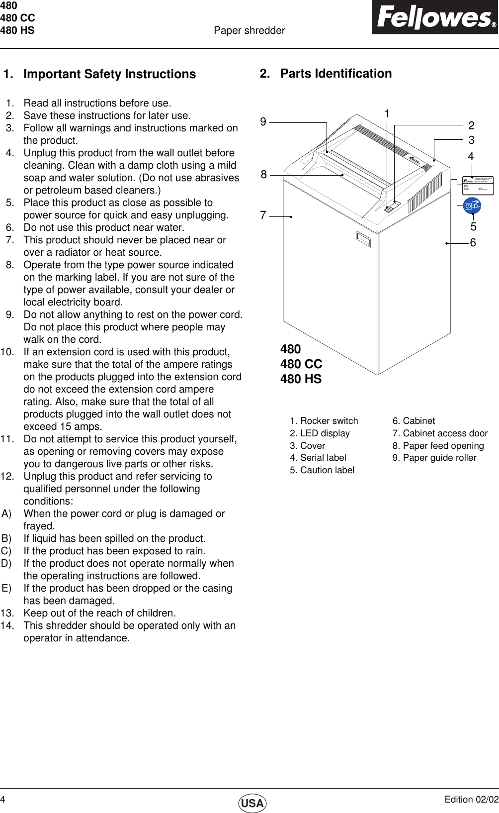 Page 4 of 8 - Fellowes Fellowes-Powershred-480-Users-Manual- PS480 0202  Fellowes-powershred-480-users-manual