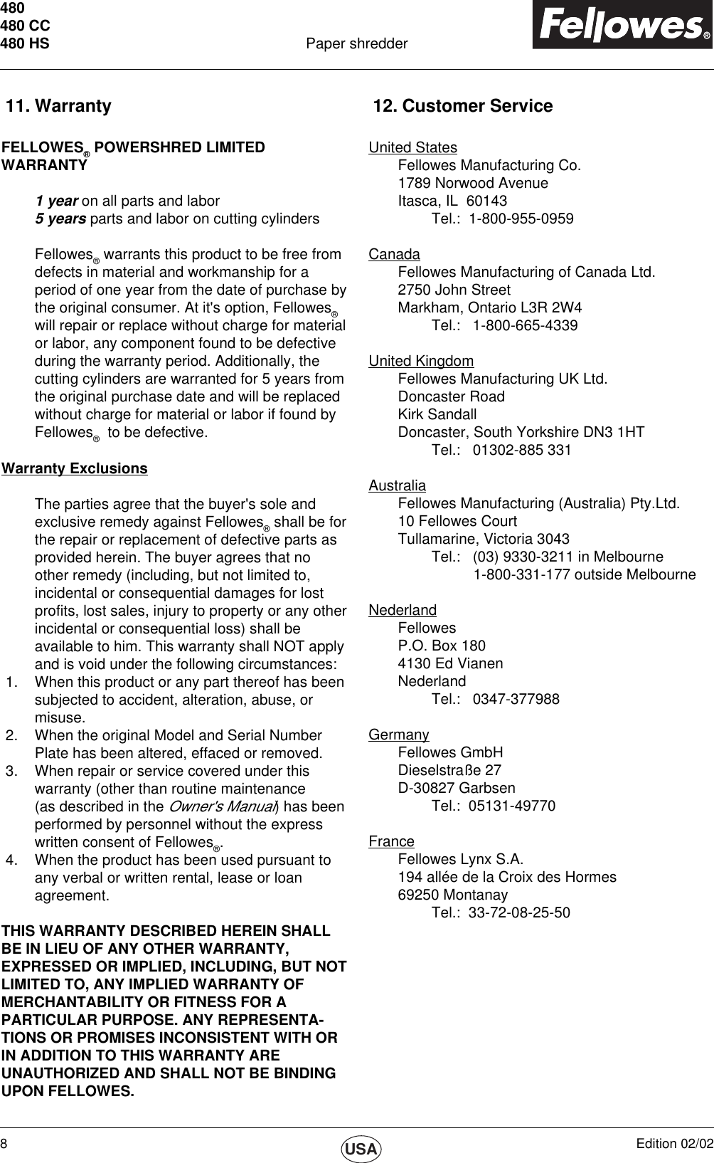 Page 8 of 8 - Fellowes Fellowes-Powershred-480-Users-Manual- PS480 0202  Fellowes-powershred-480-users-manual