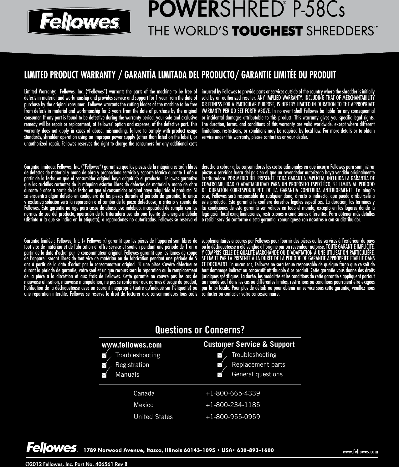Page 8 of 8 - Fellowes Fellowes-Powershred-P-58Cs-Cross-Cut-Shredder-Users-Manual-  Fellowes-powershred-p-58cs-cross-cut-shredder-users-manual