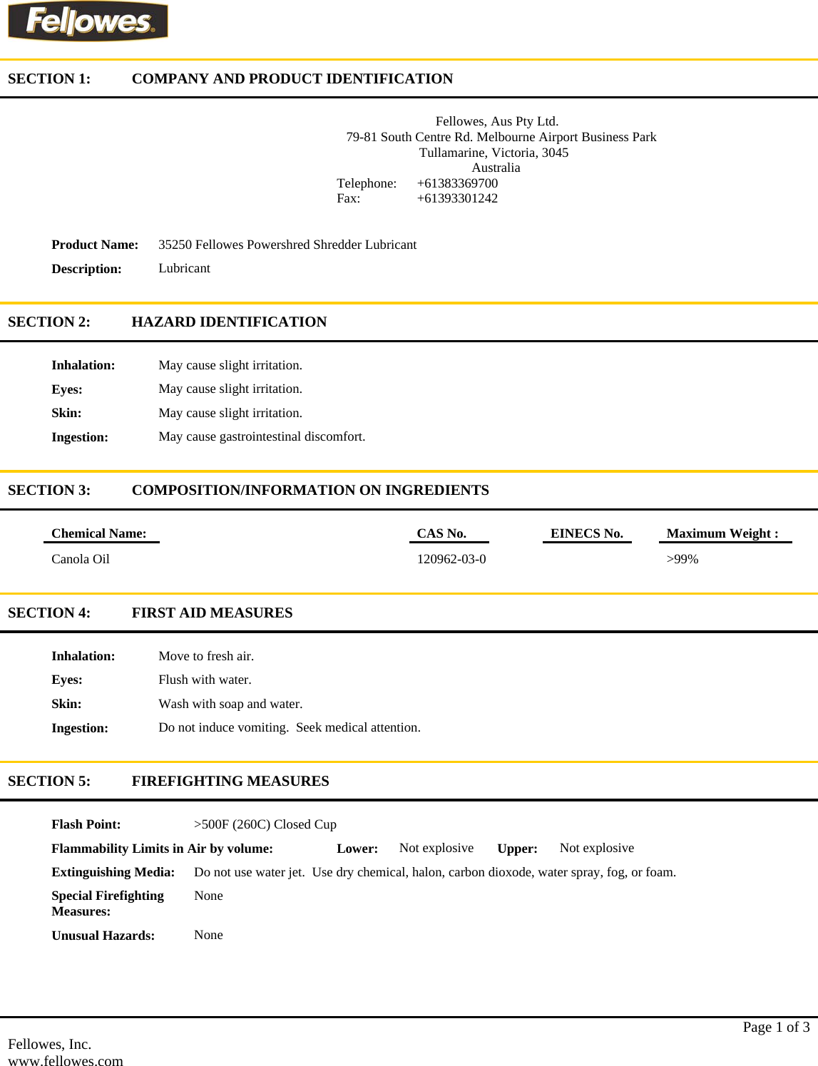 Page 1 of 3 - Fellowes Fellowes-Powershred-Performance-Oil-Msds 35250