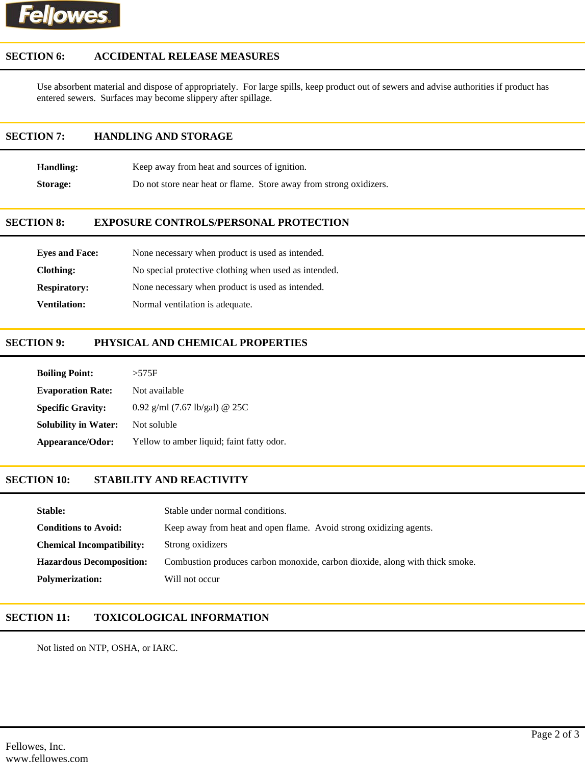 Page 2 of 3 - Fellowes Fellowes-Powershred-Performance-Oil-Msds 35250