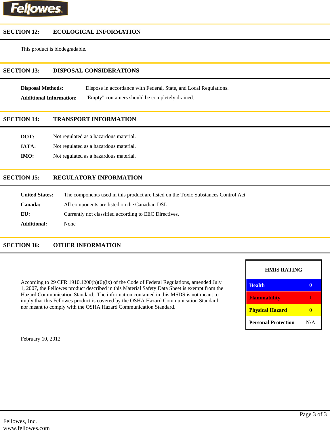 Page 3 of 3 - Fellowes Fellowes-Powershred-Performance-Oil-Msds 35250