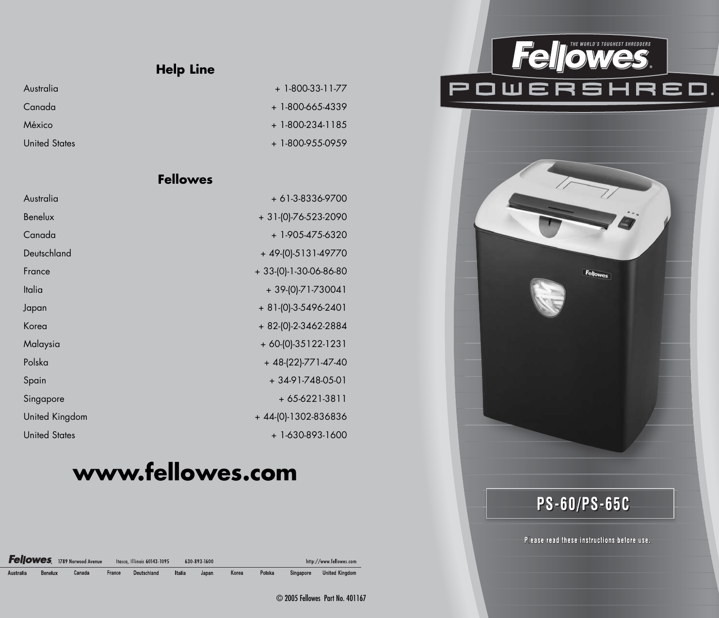Page 1 of 2 - Fellowes Fellowes-Ps-65C-Users-Manual- PS60_65C.401167.Eng.051705.ind Fellowes-ps-65c-users-manual