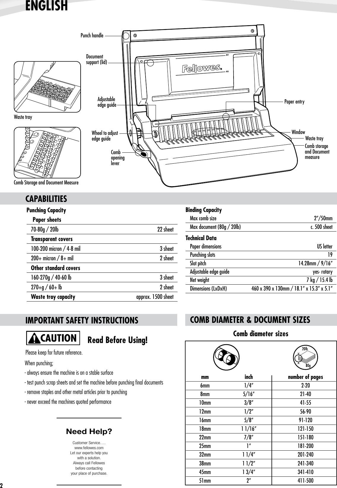 Page 3 of 8 - Fellowes Fellowes-Quasar-Plus-500-Comb-Binding-Machine-W-Starter-Kit-Users-Manual- Fellowes-quasar-plus-500-comb-binding-machine-w-starter-kit-users-manual