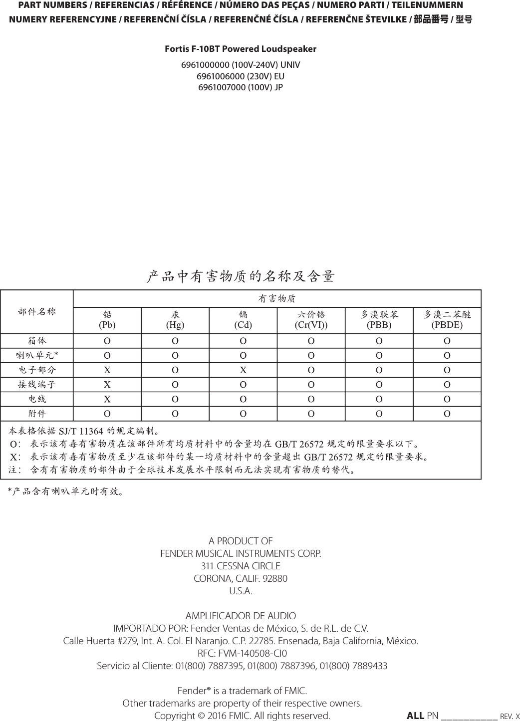 PART NUMBERS / REFERENCIAS / RÉFÉRENCE / NÚMERO DAS PEÇAS / NUMERO PARTI / TEILENUMMERNNUMERY REFERENCYJNE / REFERENČNÍ ČÍSLA / REFERENČNÉ ČÍSLA / REFERENČNE ŠTEVILKE / 部品番号 / 型号A PRODUCT OFFENDER MUSICAL INSTRUMENTS CORP. 311 CESSNA CIRCLECORONA, CALIF. 92880U.S.A.AMPLIFICADOR DE AUDIOIMPORTADO POR: Fender Ventas de México, S. de R.L. de C.V.  Calle Huerta #279, Int. A. Col. El Naranjo. C.P. 22785. Ensenada, Baja California, México.  RFC: FVM-140508-CI0    Servicio al Cliente: 01(800) 7887395, 01(800) 7887396, 01(800) 7889433    Fender® is a trademark of FMIC.   Other trademarks are property of their respective owners.  Copyright © 2016 FMIC. All rights reserved.  ALL PN __________ rev. xFortis F-10BT Powered Loudspeaker6961000000 (100V-240V) UNIV6961006000 (230V) EU6961007000 (100V) JP