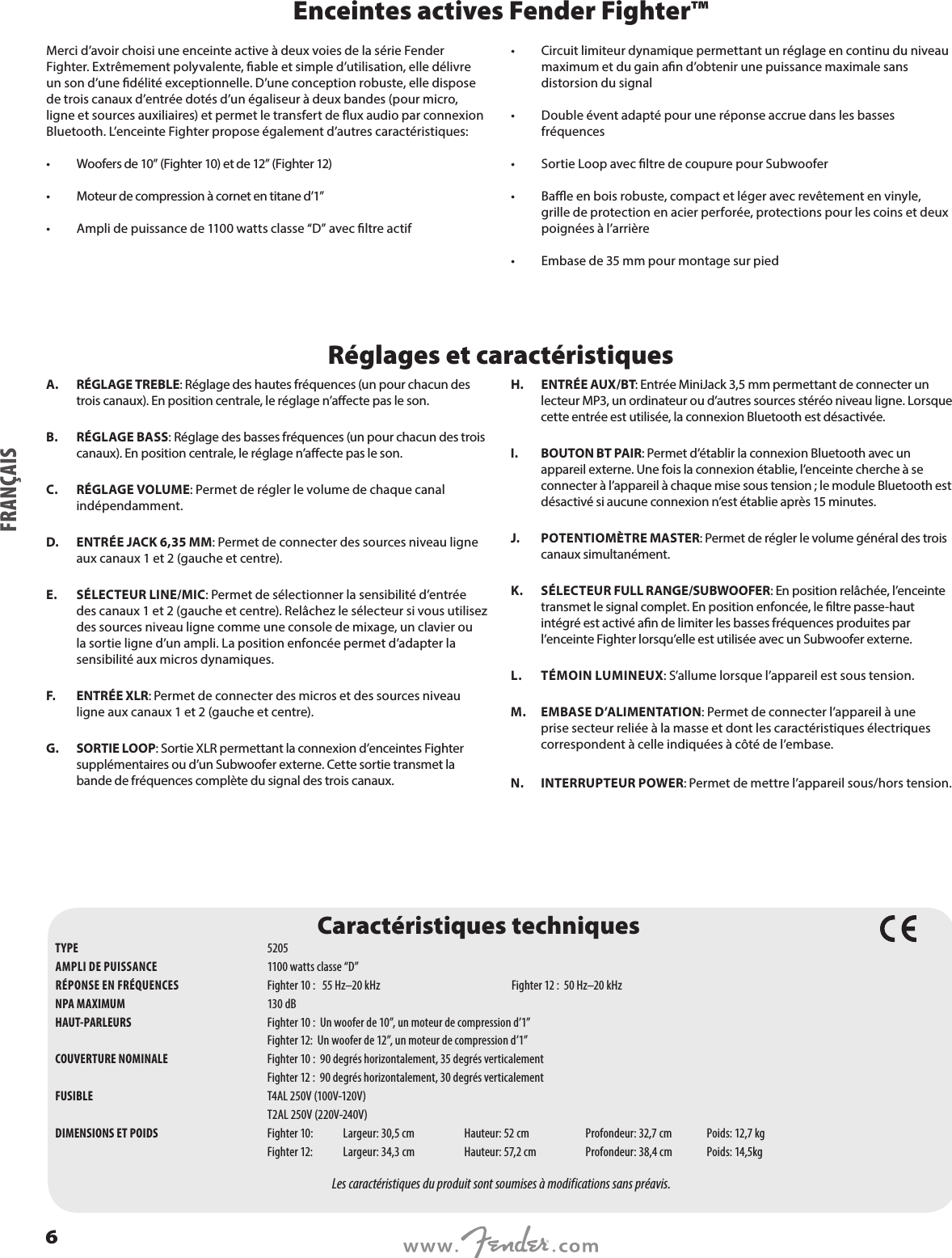 Enceintes actives Fender Fighter™Merci d’avoir choisi une enceinte active à deux voies de la série Fender Fighter. Extrêmement polyvalente, able et simple d’utilisation, elle délivre un son d’une délité exceptionnelle. D’une conception robuste, elle dispose de trois canaux d’entrée dotés d’un égaliseur à deux bandes (pour micro, ligne et sources auxiliaires) et permet le transfert de ux audio par connexion Bluetooth. L’enceinte Fighter propose également d’autres caractéristiques: •  Woofers de 10” (Fighter 10) et de 12” (Fighter 12)•  Moteur de compression à cornet en titane d’1” •  Ampli de puissance de 1100 watts classe “D” avec ltre actif •  Circuit limiteur dynamique permettant un réglage en continu du niveau maximum et du gain an d’obtenir une puissance maximale sans distorsion du signal •  Double évent adapté pour une réponse accrue dans les basses fréquences •  Sortie Loop avec ltre de coupure pour Subwoofer •  Bae en bois robuste, compact et léger avec revêtement en vinyle, grille de protection en acier perforée, protections pour les coins et deux poignées à l’arrière  •  Embase de 35 mm pour montage sur piedRéglages et caractéristiquesA.  RÉGLAGE TREBLE: Réglage des hautes fréquences (un pour chacun des trois canaux). En position centrale, le réglage n’aecte pas le son.B.  RÉGLAGE BASS: Réglage des basses fréquences (un pour chacun des trois canaux). En position centrale, le réglage n’aecte pas le son.C.  RÉGLAGE VOLUME: Permet de régler le volume de chaque canal indépendamment. D.  ENTRÉE JACK 6,35 MM: Permet de connecter des sources niveau ligne aux canaux 1 et 2 (gauche et centre).E.  SÉLECTEUR LINE/MIC: Permet de sélectionner la sensibilité d’entrée des canaux 1 et 2 (gauche et centre). Relâchez le sélecteur si vous utilisez des sources niveau ligne comme une console de mixage, un clavier ou la sortie ligne d’un ampli. La position enfoncée permet d’adapter la sensibilité aux micros dynamiques. F.  ENTRÉE XLR: Permet de connecter des micros et des sources niveau ligne aux canaux 1 et 2 (gauche et centre).G.  SORTIE LOOP: Sortie XLR permettant la connexion d’enceintes Fighter supplémentaires ou d’un Subwoofer externe. Cette sortie transmet la bande de fréquences complète du signal des trois canaux. H.  ENTRÉE AUX/BT: Entrée MiniJack 3,5 mm permettant de connecter un lecteur MP3, un ordinateur ou d’autres sources stéréo niveau ligne. Lorsque cette entrée est utilisée, la connexion Bluetooth est désactivée.I.  BOUTON BT PAIR: Permet d’établir la connexion Bluetooth avec un appareil externe. Une fois la connexion établie, l’enceinte cherche à se connecter à l’appareil à chaque mise sous tension ; le module Bluetooth est désactivé si aucune connexion n’est établie après 15 minutes.J.  POTENTIOMÈTRE MASTER: Permet de régler le volume général des trois canaux simultanément.K.  SÉLECTEUR FULL RANGE/SUBWOOFER: En position relâchée, l’enceinte transmet le signal complet. En position enfoncée, le ltre passe-haut intégré est activé an de limiter les basses fréquences produites par l’enceinte Fighter lorsqu’elle est utilisée avec un Subwoofer externe.L.  TÉMOIN LUMINEUX: S’allume lorsque l’appareil est sous tension.M.  EMBASE D’ALIMENTATION: Permet de connecter l’appareil à une prise secteur reliée à la masse et dont les caractéristiques électriques correspondent à celle indiquées à côté de l’embase.N.  INTERRUPTEUR POWER: Permet de mettre l’appareil sous/hors tension.FRANÇAISCaractéristiques techniquesTYPE  5205AMPLI DE PUISSANCE 1100 watts classe “D”RÉPONSE EN FRÉQUENCES  Fighter 10 :   55 Hz–20 kHz  Fighter 12 :  50 Hz–20 kHz NPA MAXIMUM  130 dBHAUT-PARLEURS  Fighter 10 :  Un woofer de 10”, un moteur de compression d’1”  Fighter 12:  Un woofer de 12”, un moteur de compression d’1”COUVERTURE NOMINALE  Fighter 10 :  90 degrés horizontalement, 35 degrés verticalement  Fighter 12 :  90 degrés horizontalement, 30 degrés verticalementFUSIBLE  T4AL 250V (100V-120V)  T2AL 250V (220V-240V)DIMENSIONS ET POIDS  Fighter 10: Largeur: 30,5 cm  Hauteur: 52 cm  Profondeur: 32,7 cm  Poids: 12,7 kg  Fighter 12:  Largeur: 34,3 cm  Hauteur: 57,2 cm  Profondeur: 38,4 cm  Poids: 14,5kgLes caractéristiques du produit sont soumises à modifications sans préavis.6