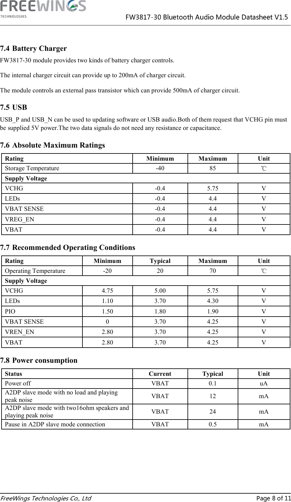   7.4 Battery Charger FW3817-30 module provides two kinds of battery charger controls. The internal charger circuit can provide up to 200mA of charger circuit. The module controls an external pass transistor which can provide 500mA of charger circuit. 7.5 USB USB_P and USB_N can be used to updating software or USB audio.Both of them request that VCHG pin must be supplied 5V power.The two data signals do not need any resistance or capacitance. 7.6 Absolute Maximum Ratings Rating  Minimum  Maximum  Unit Storage Temperature   -40  85   Supply VoltageVCHG  -0.4  5.75  V LEDs  -0.4  4.4  V VBAT SENSE  -0.4  4.4  V VREG_EN  -0.4  4.4  V VBAT  -0.4  4.4  V 7.7 Recommended Operating Conditions Rating  Minimum  Typical  Maximum  Unit Operating Temperature   -20  20  70   Supply Voltage VCHG  4.75  5.00  5.75  V LEDs  1.10  3.70  4.30  V PIO  1.50  1.80  1.90  V VBAT SENSE  0  3.70  4.25  V VREN_EN  2.80  3.70  4.25  V VBAT  2.80  3.70  4.25  V 7.8 Power consumption Status  Current  Typical  Unit Power off  VBAT  0.1  uA A2DP slave mode with no load and playing peak noise  VBAT  12  mA A2DP slave mode with two16ohm speakers and  playing peak noise  VBAT  24  mA Pause in A2DP slave mode connection  VBAT  0.5  mA     