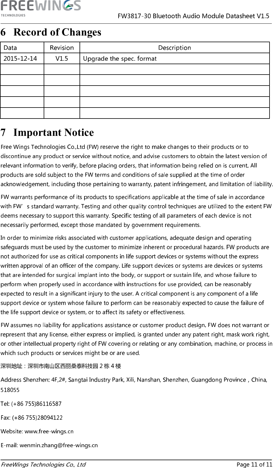  6 Record of Changes 7 Important Notice 