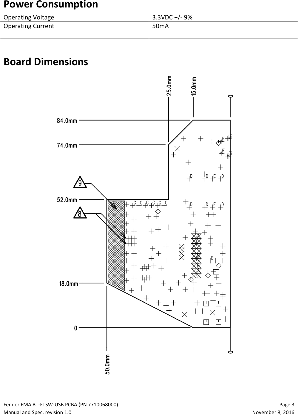 Fender FMA BT-FTSW-USB PCBA (PN 7710068000)   Page 3 Manual and Spec, revision 1.0  November 8, 2016 Power Consumption Operating Voltage 3.3VDC +/- 9% Operating Current 50mA   Board Dimensions     