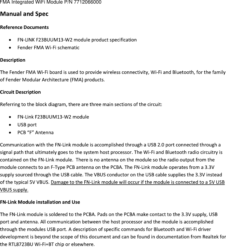 FMA Integrated WiFi Module P/N 7712066000